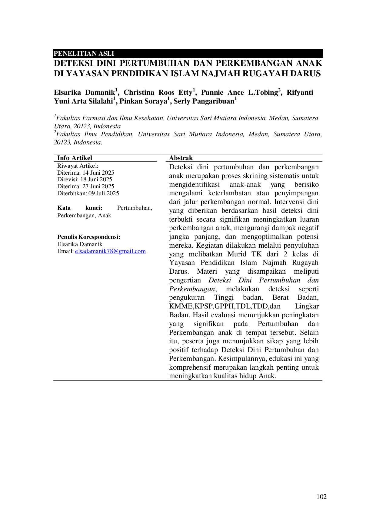 JURIS Deteksi Dini Pertumbuhan Dan Perkembangan Anak Di Yayasan Pendidikan Islam Najmah Rugayah Darus