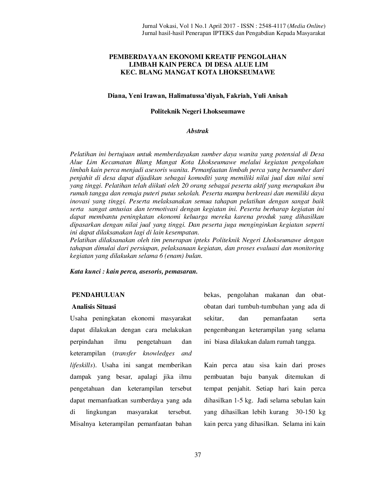 JURIS Pemberdayaan Ekonomi Kreatif Pengolahan Limbah Kain Perca di Desa Alue Lim Kec Blang Mangat Kota Lhokseumawe