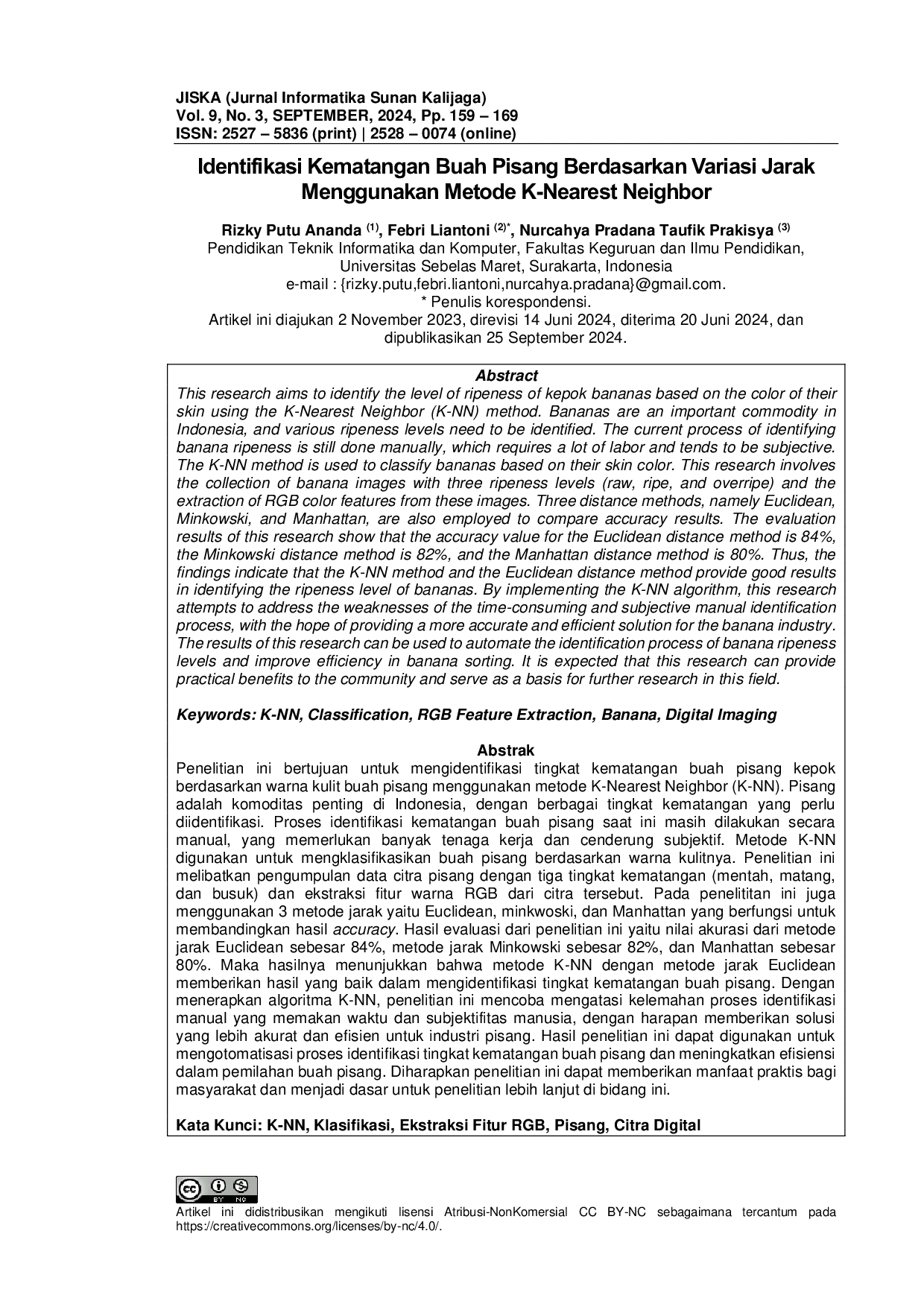 JURIS Identifikasi Kematangan Buah Pisang Berdasarkan Variasi Jarak Menggunakan Metode K Nearest Neighbor