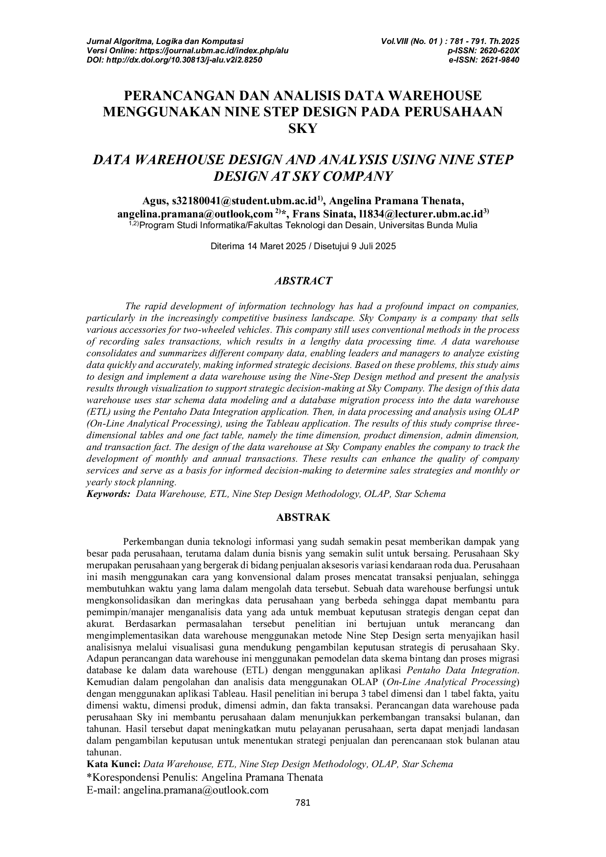 JURIS Perancangan Dan Analisis Data Warehouse Menggunakan Nine Step Design Pada Perusahaan Sky