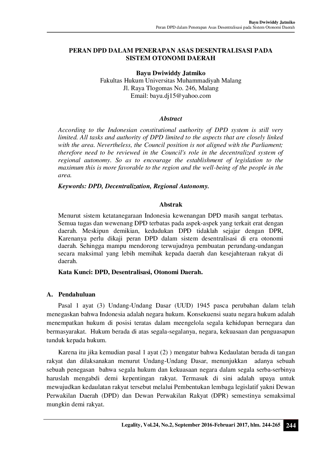 juris Peran DPD dalam Penerapan Asas Desentralisasi pada Sistem Otonomi Daerah