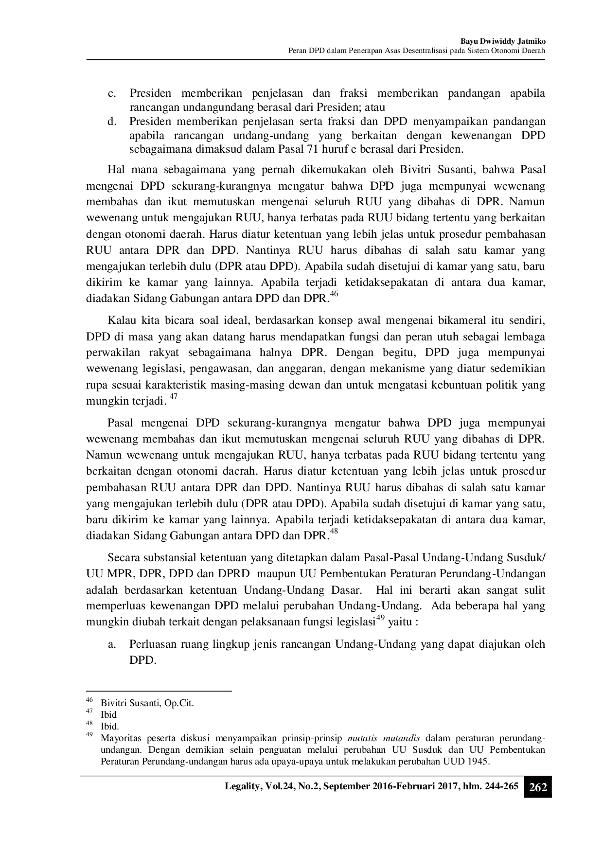 juris Peran DPD dalam Penerapan Asas Desentralisasi pada Sistem Otonomi Daerah