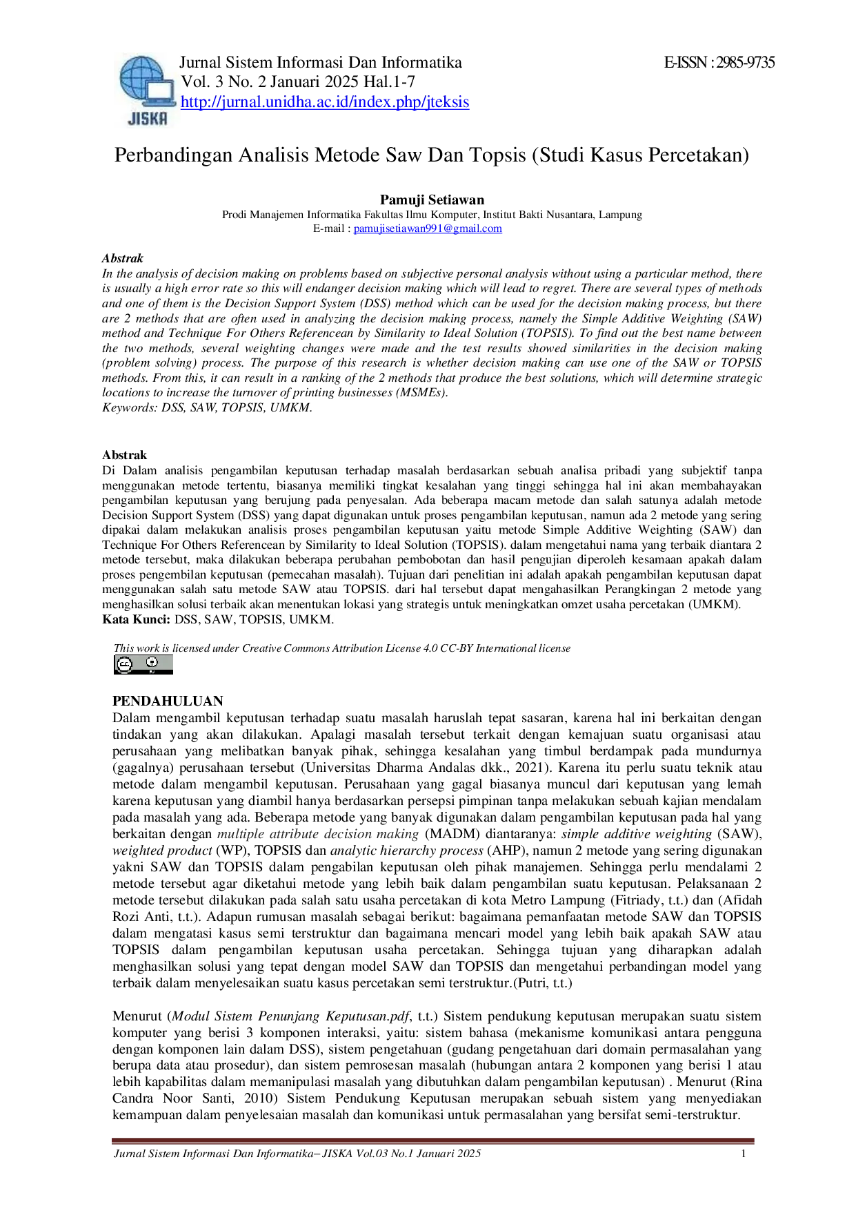 juris Jurnal Perbandingan Analisis Metode Saw Dan Topsis Studi Kasus Percetakan