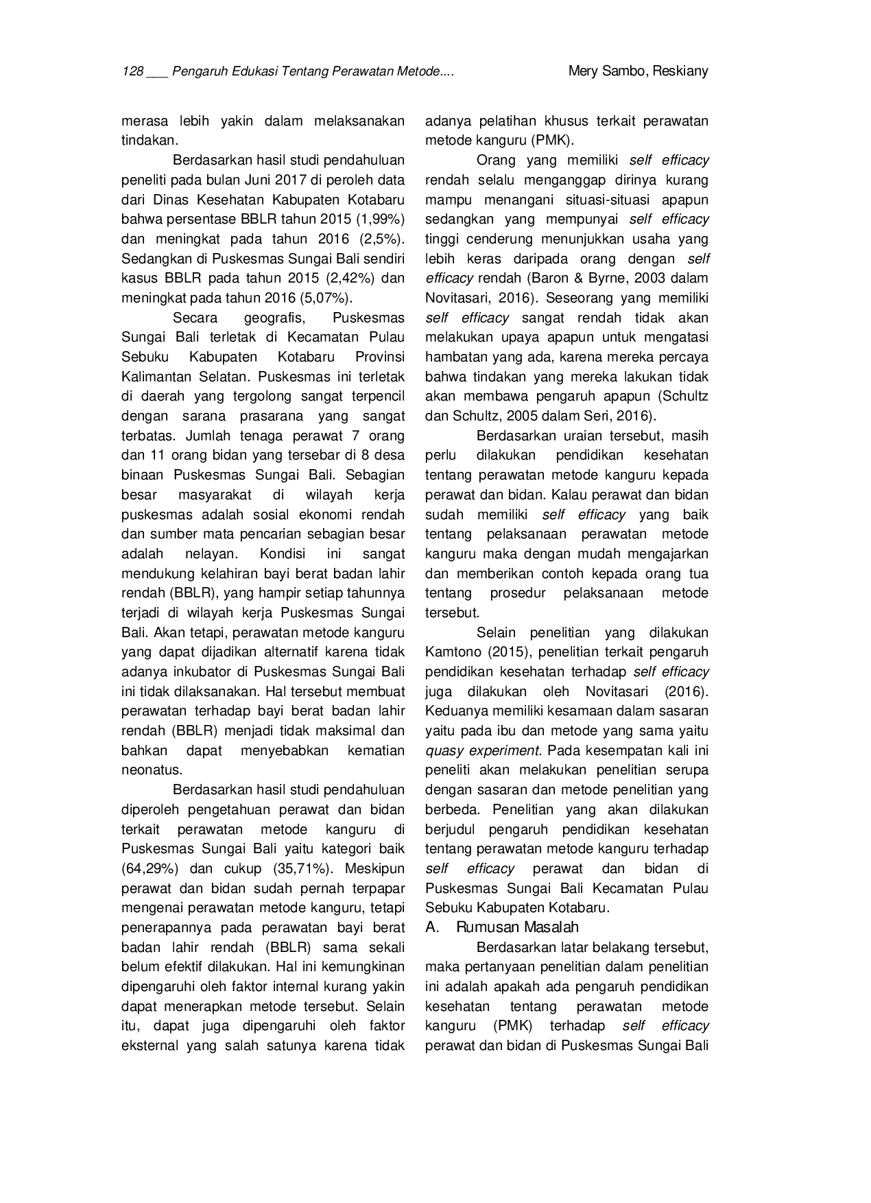 JURIS Pengaruh Edukasi Tentang Perawatan Metode Kanguru Terhadap Self Efficacy Perawat Dan Bidan Di Puskesmas Sungai Bali