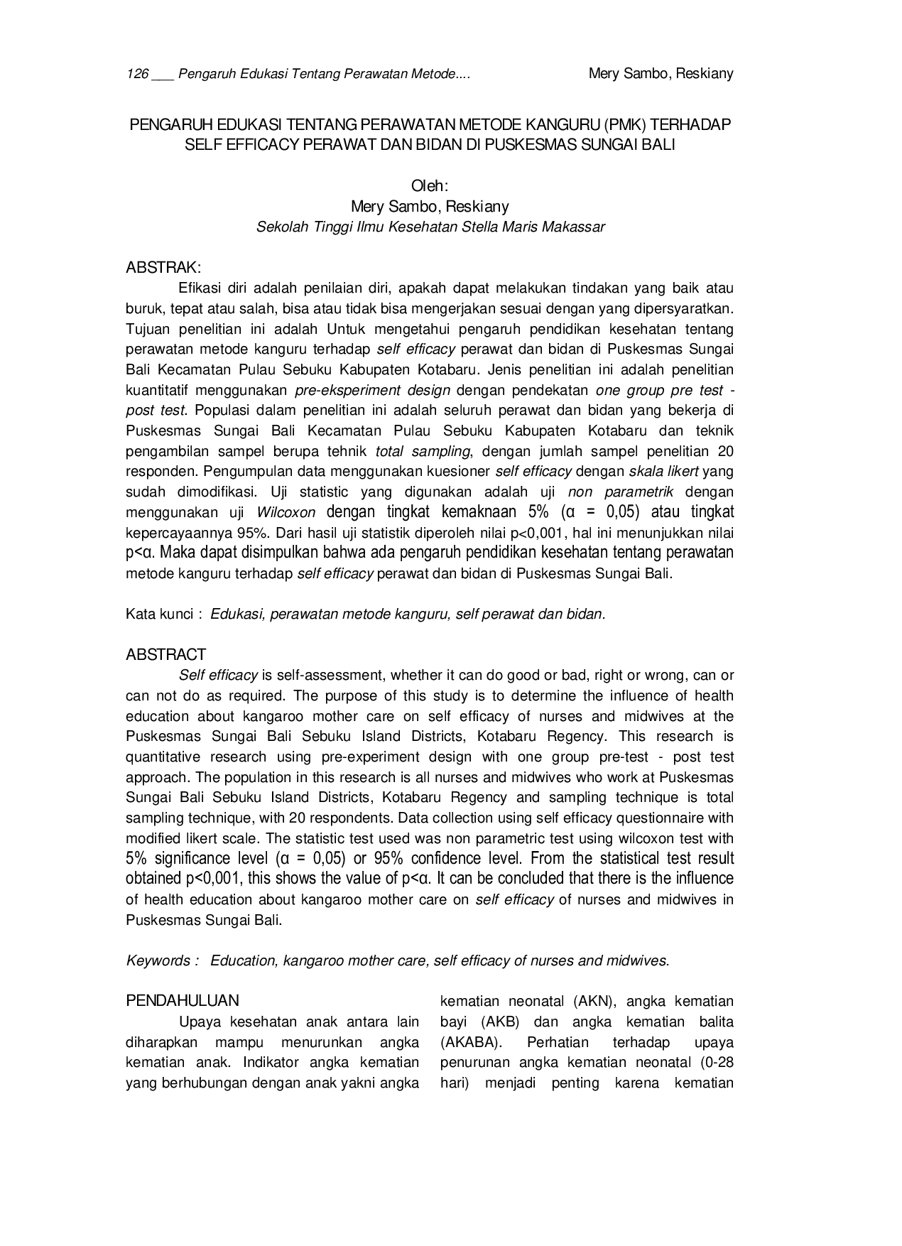 JURIS Pengaruh Edukasi Tentang Perawatan Metode Kanguru Terhadap Self Efficacy Perawat Dan Bidan Di Puskesmas Sungai Bali
