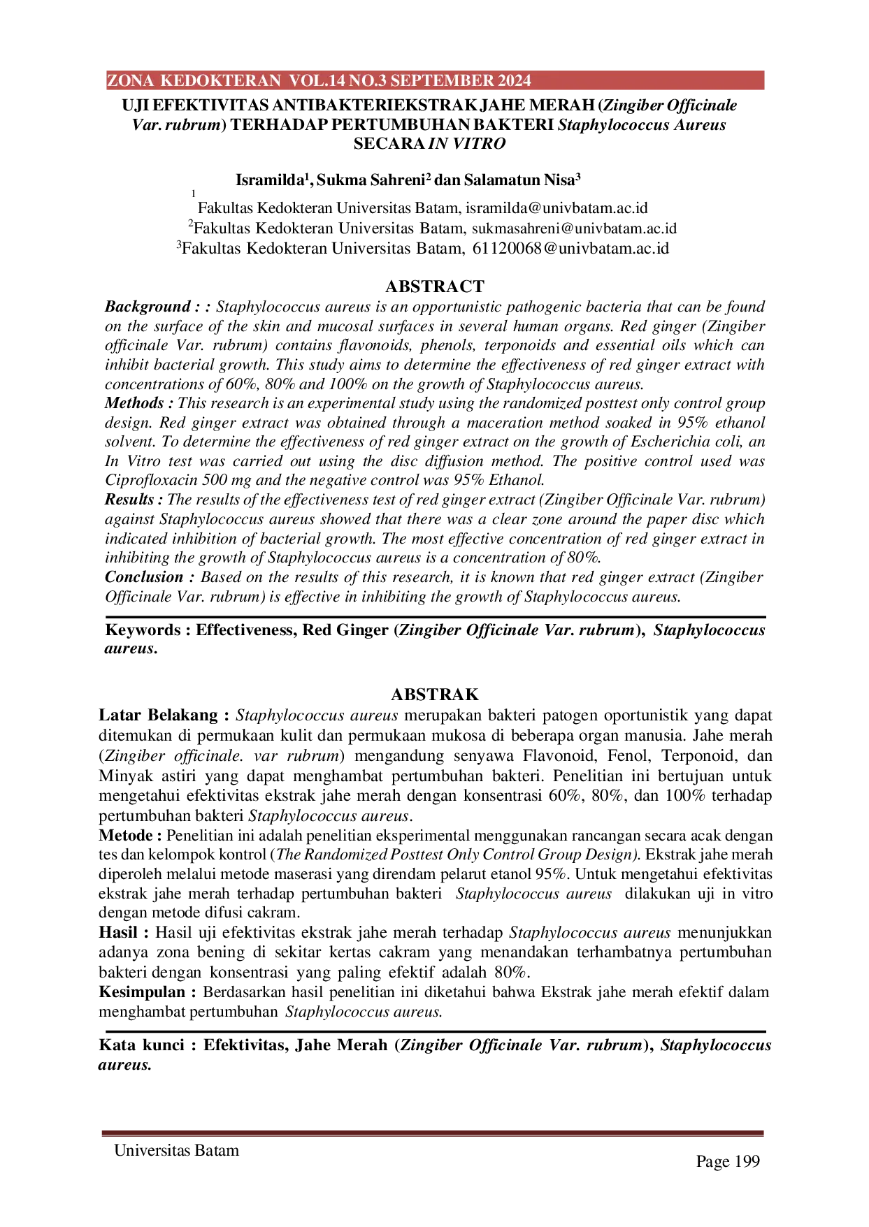 JURIS UJI EFEKTIVITAS ANTIBAKTERIEKSTRAK JAHE MERAH Zingiber Officinale Var rubrum TERHADAP PERTUMBUHAN BAKTERI Staphylococcus Aureus SECARA IN VITRO