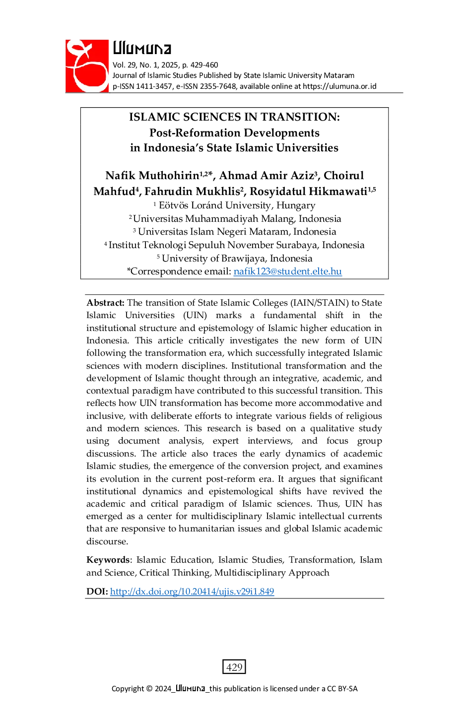 JURIS Islamic Sciences in Transition Post Reformation Developments in Indonesia s State Islamic Universities