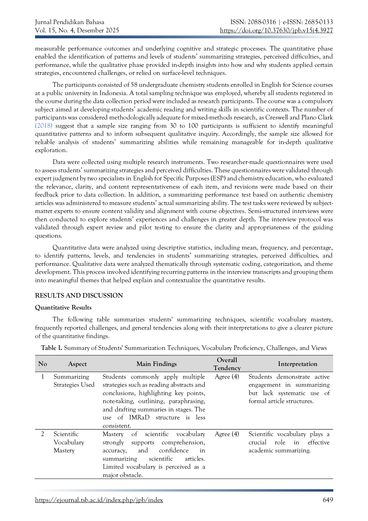 JURIS A Survey on Chemistry Students Ability to Summarize Articles in English