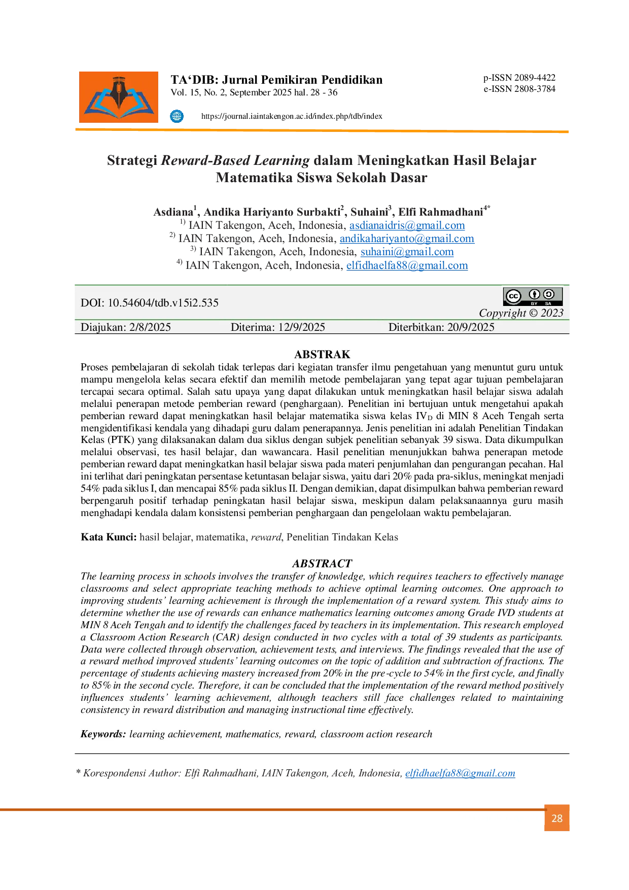 JURIS Strategi Reward Based Learning dalam Meningkatkan Hasil Belajar Matematika Siswa Sekolah Dasar