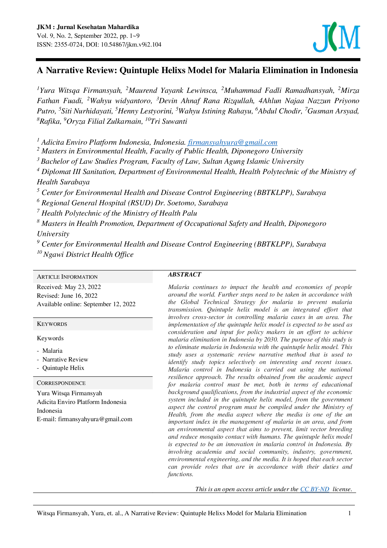 JURIS A Narrative Review Quintuple Helixs Model for Malaria Elimination in Indonesia