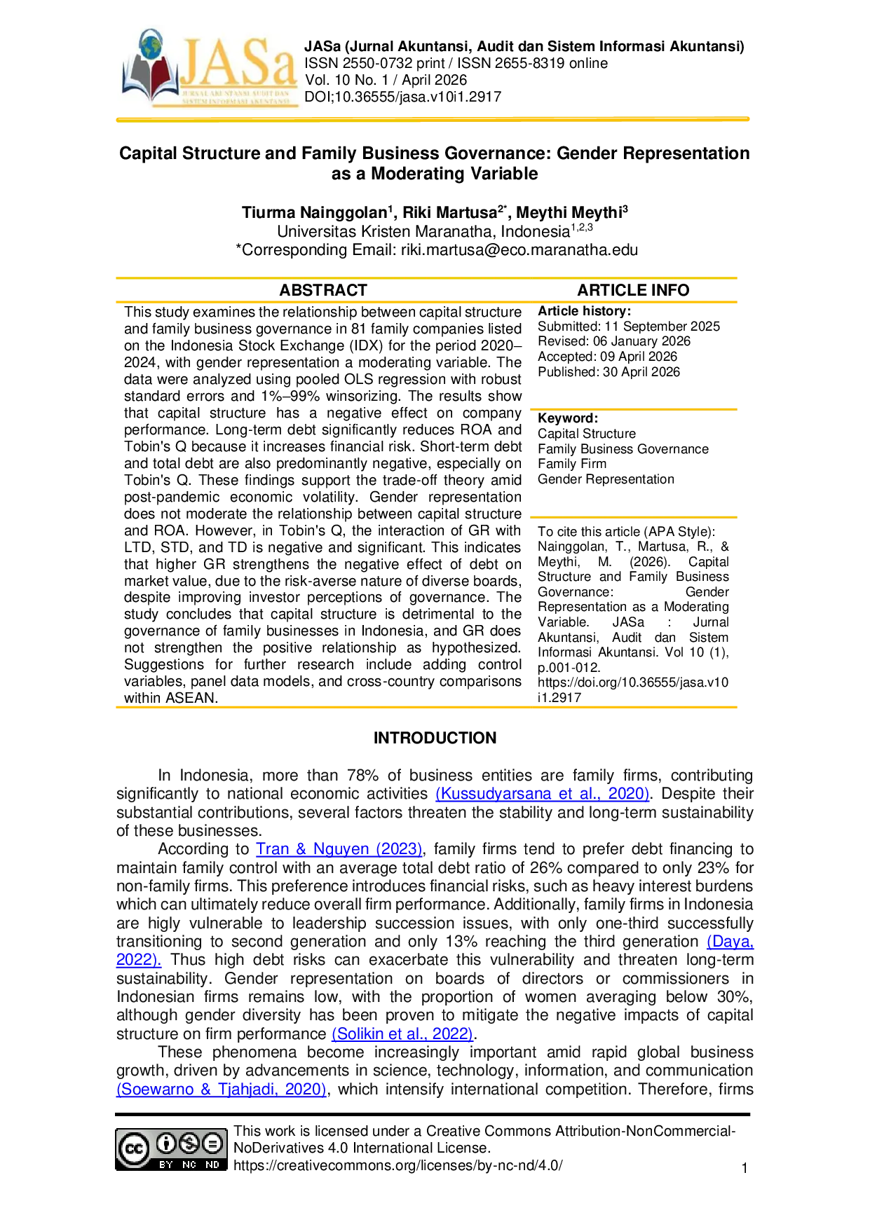 JURIS Capital Structure and Family Business Governance Gender Representation as a Moderating Variable