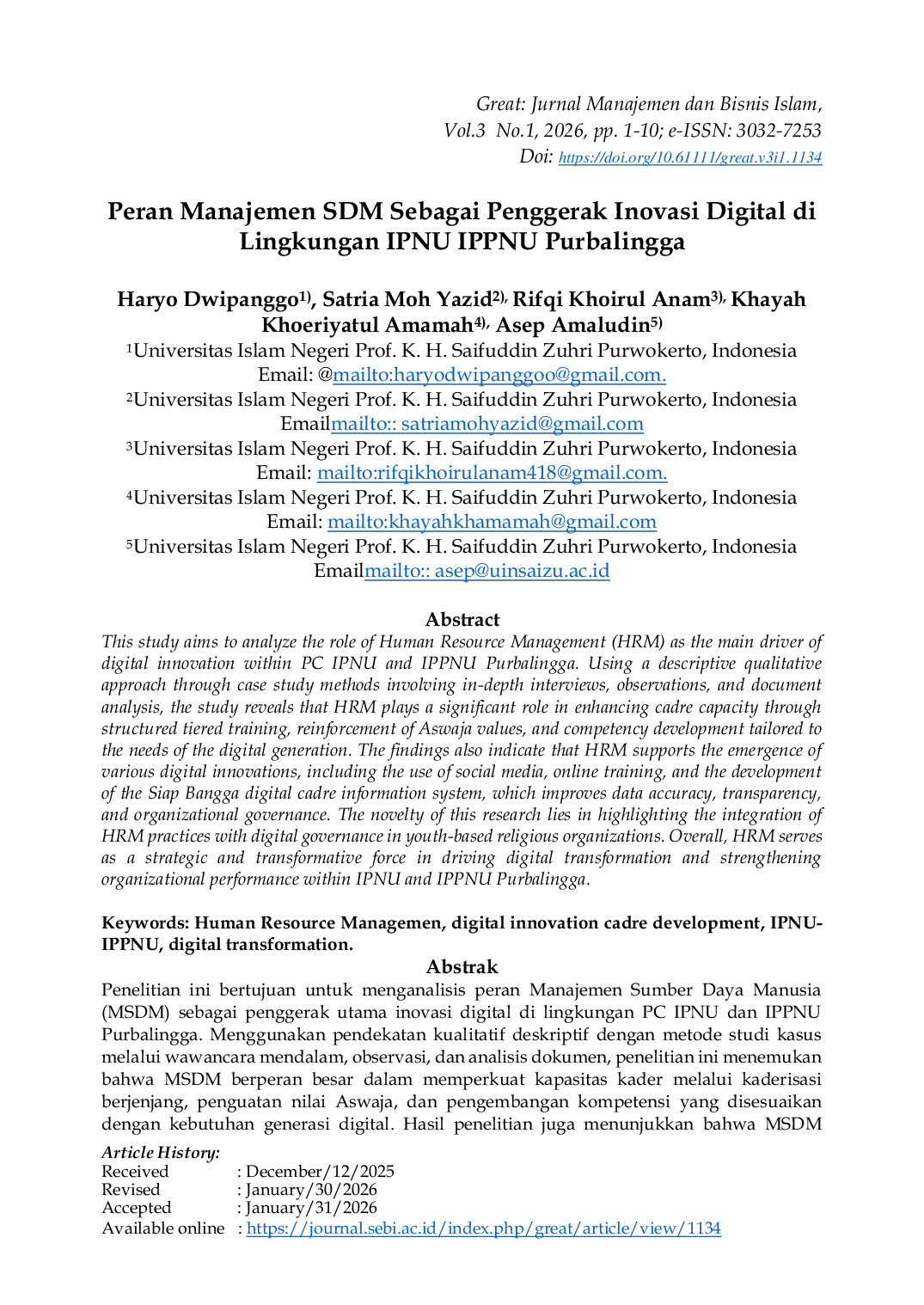 JURIS Peran Manajemen SDM Sebagai Penggerak Inovasi Digital di Lingkungan IPNU IPPNU Purbalingga