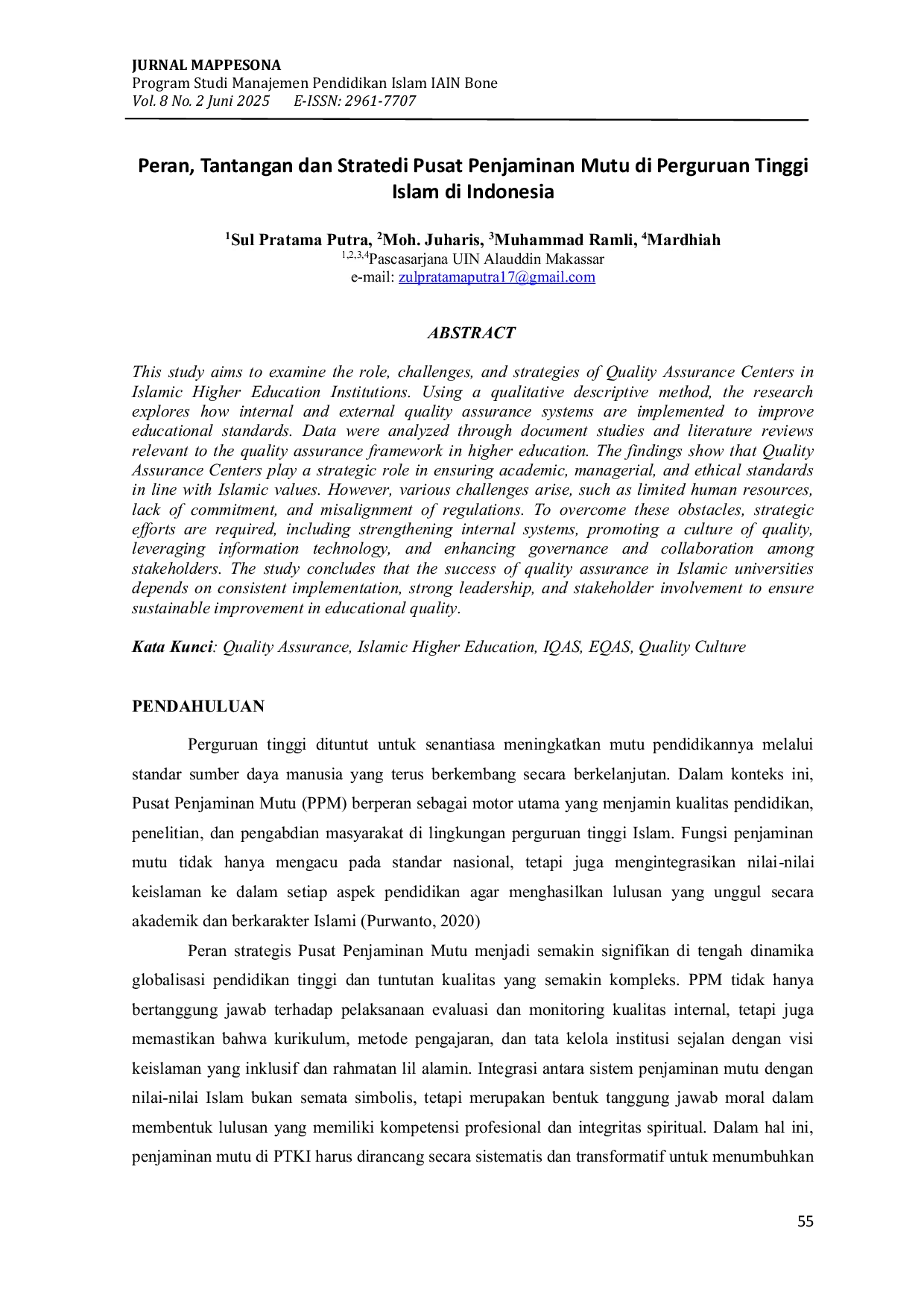 JURIS Peran Tantangan dan Stratedi Pusat Penjaminan Mutu di Perguruan Tinggi Islam di Indonesia