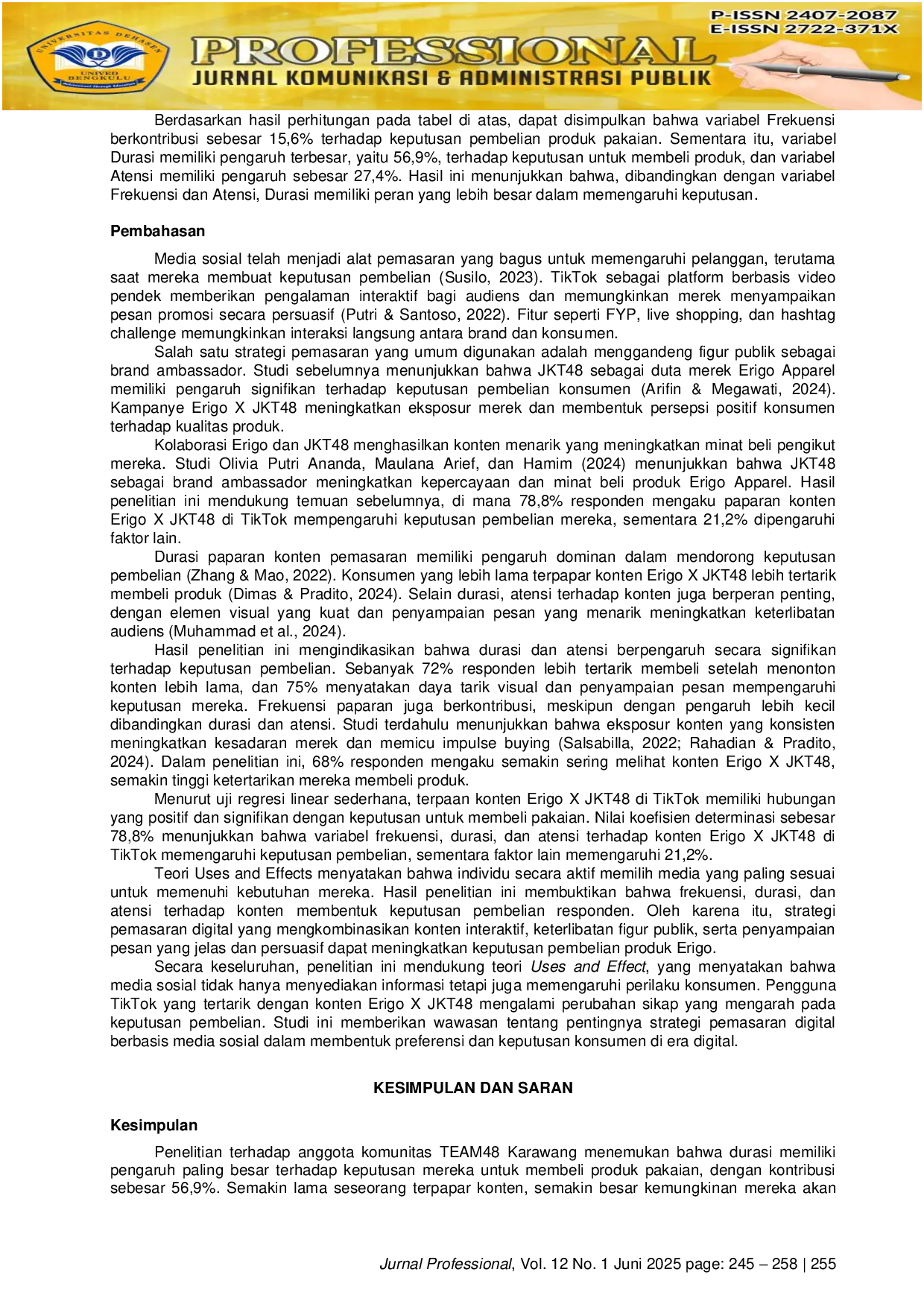 JURIS Pengaruh Terpaan Konten Erigo X JKT48 Pada Akun Tiktok Erigo Store Terhadap Keputusan Pembelian Produk Pakaian