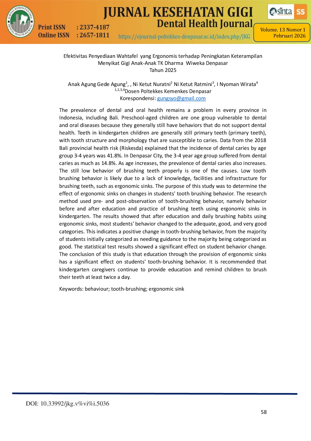 JURIS Efektivitas Penyediaan Washtafel yang Ergonomis Terhadap Peningkatan Keterampilan Menyikat Gigi Anak Anak TK Dharma Wiweka Denpasar Tahun 2025