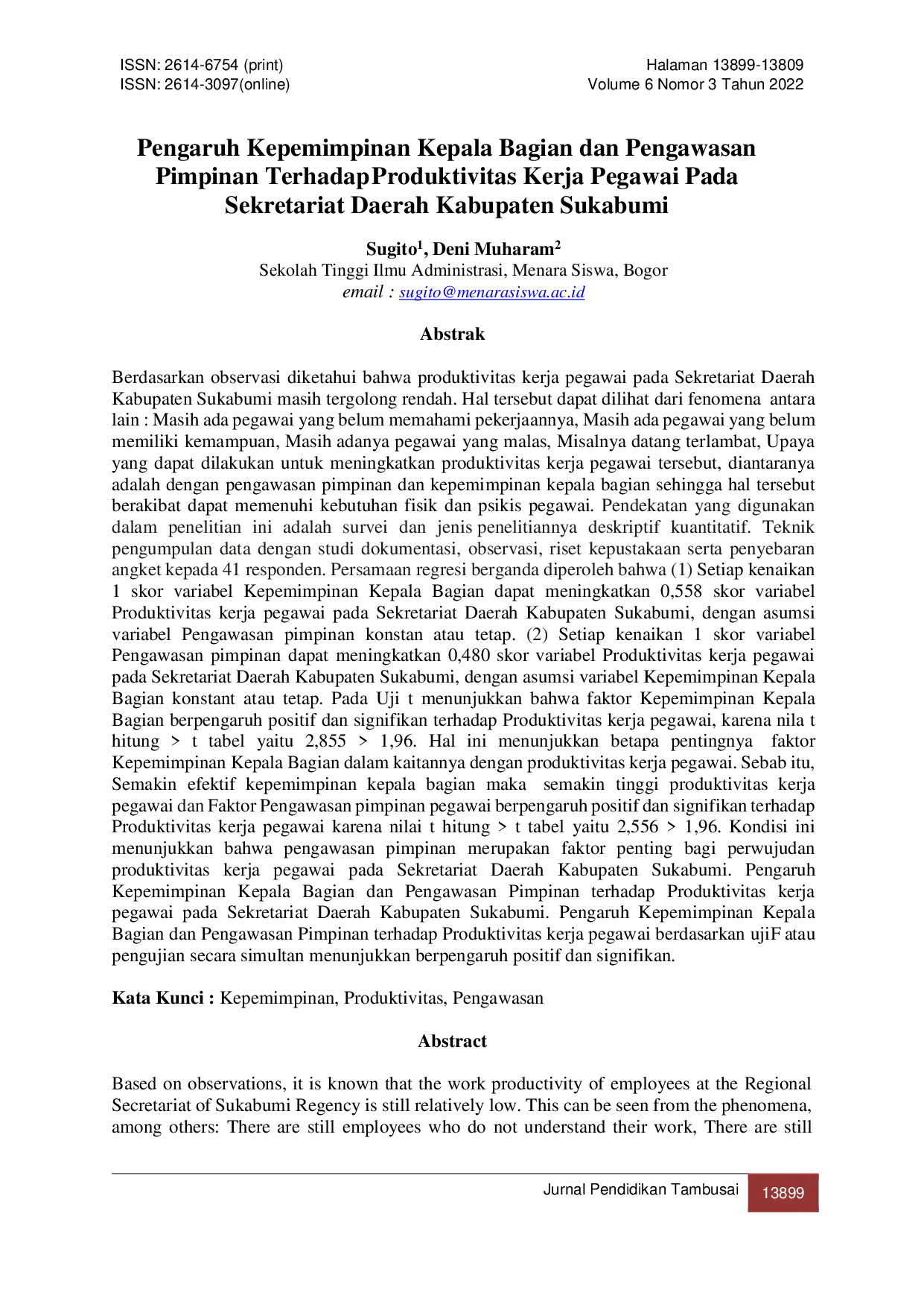 JURIS Pengaruh Kepemimpinan Kepala Bagian dan Pengawasan Pimpinan Terhadap Produktivitas Kerja Pegawai Pada Sekretariat Daerah Kabupaten Sukabumi