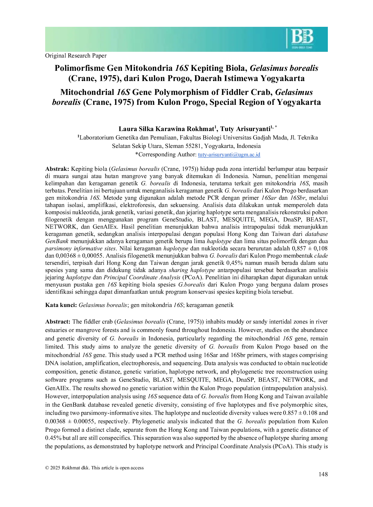 JURIS Mitochondrial 16S Gene Polymorphism of Fiddler Crab Gelasimus borealis Crane 1975 from Kulon Progo Special Region of Yogyakarta