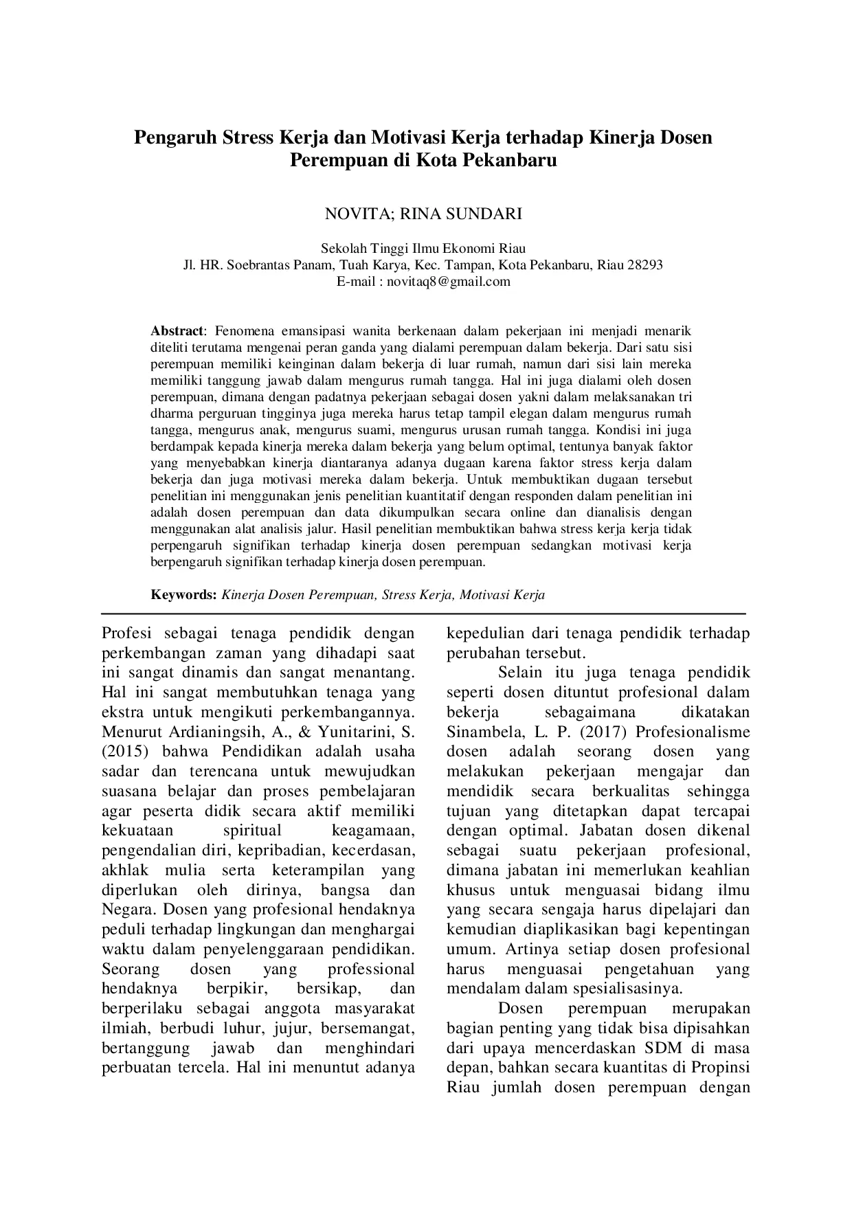 juris Pengaruh Stress Kerja Dan Motivasi Kerja Terhadap Kinerja Dosen Perempuan Di Kota Pekanbaru