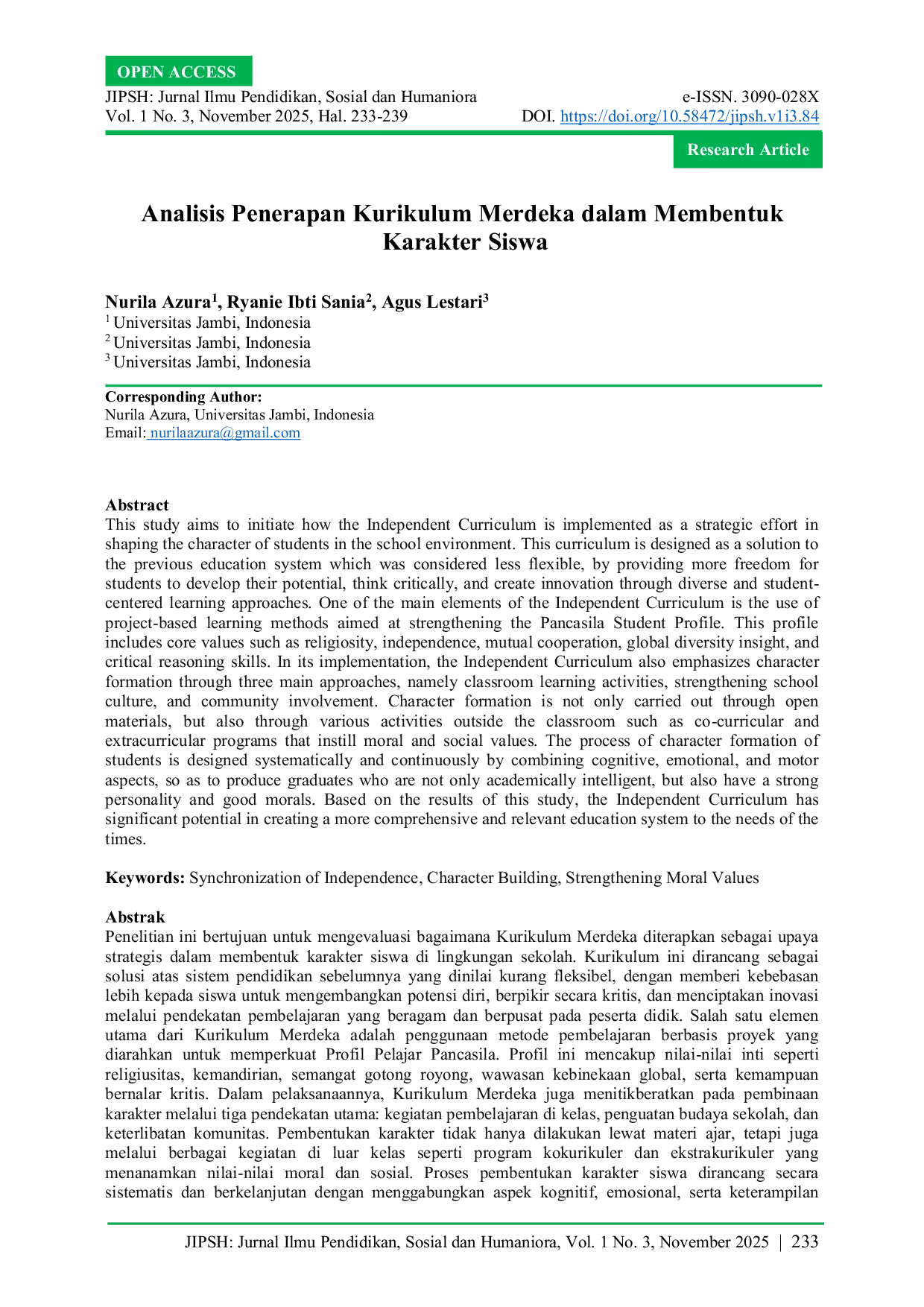 JURIS Analisis Penerapan Kurikulum Merdeka Dalam Membentuk Karakter Siswa