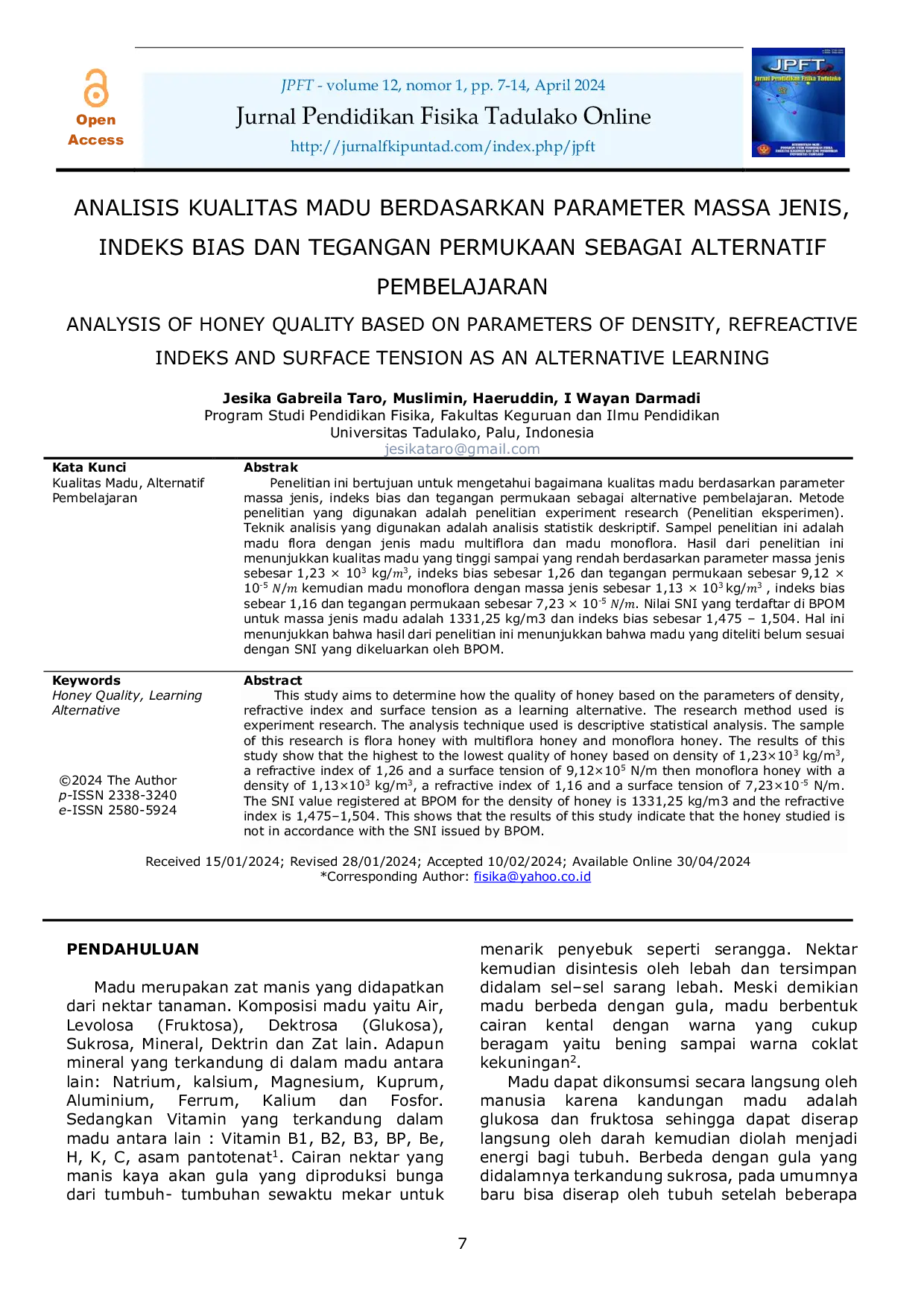 JURIS Analisis Kualitas Madu Berdasarkan Parameter Massa Jenis Indeks Bias Dan Tegangan Permukaan Sebagai Alternatif Pembelajaran