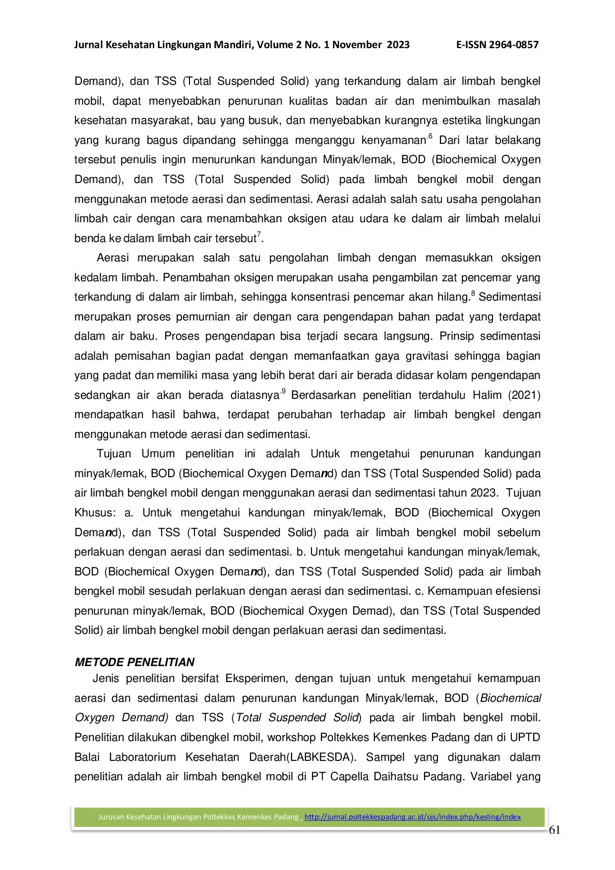 JURIS Penurunan Kandungan Minyak Lemak BOD Biochemical Oxygen Demand dan TSS Total Suspended Solid pada Air Limbah Bengkel Mobil dengan Menggunakan Aerasi dan Sedimentasi