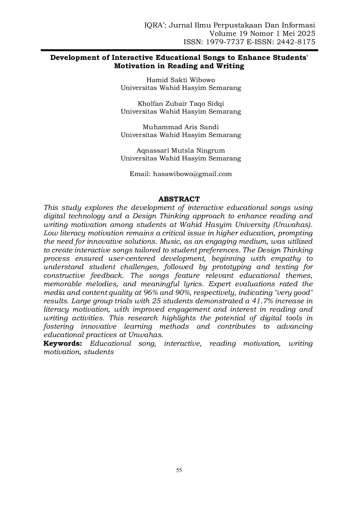 JURIS Development of Interactive Educational Songs to Enhance Students Motivation in Reading and Writing