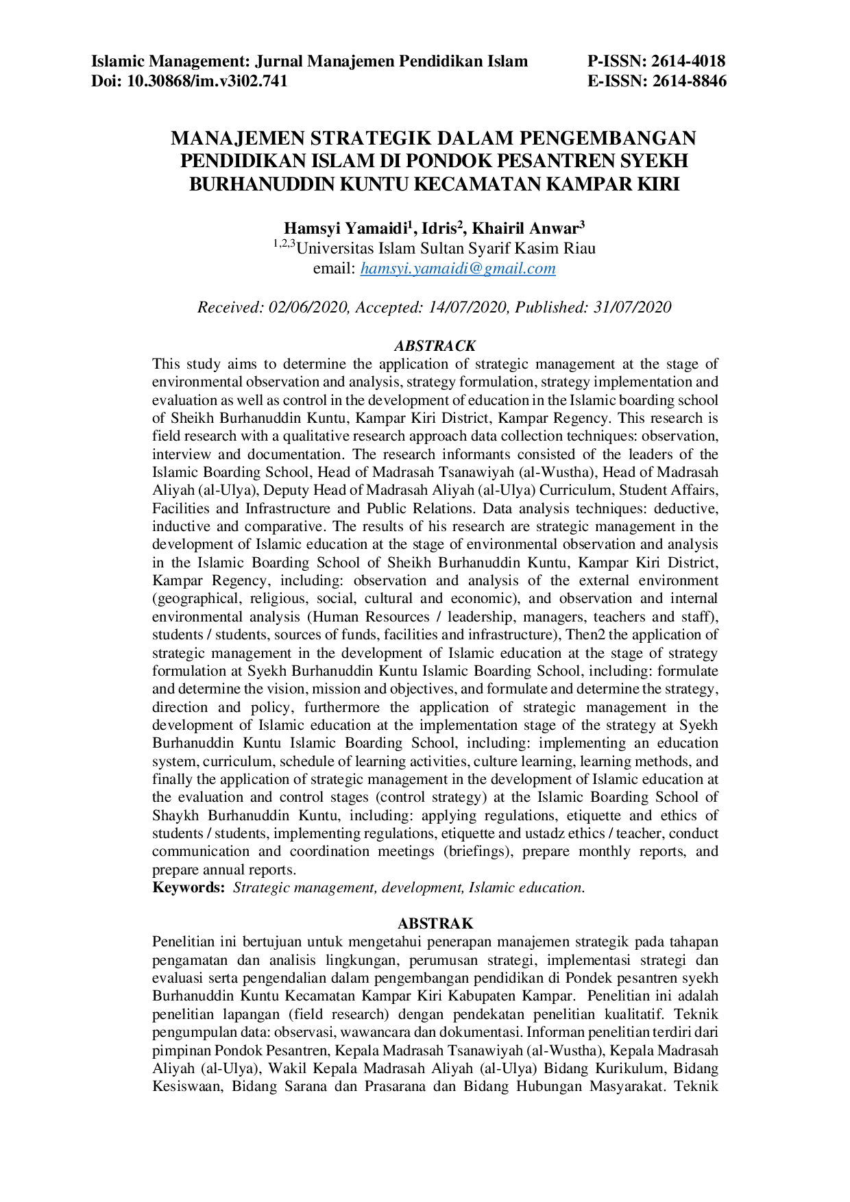 JURIS Manajemen Strategik Dalam Pengembangan Pendidikan Islam Di Pondok Pesantren Syekh Burhanuddin Kuntu Kecamatan Kampar Kiri