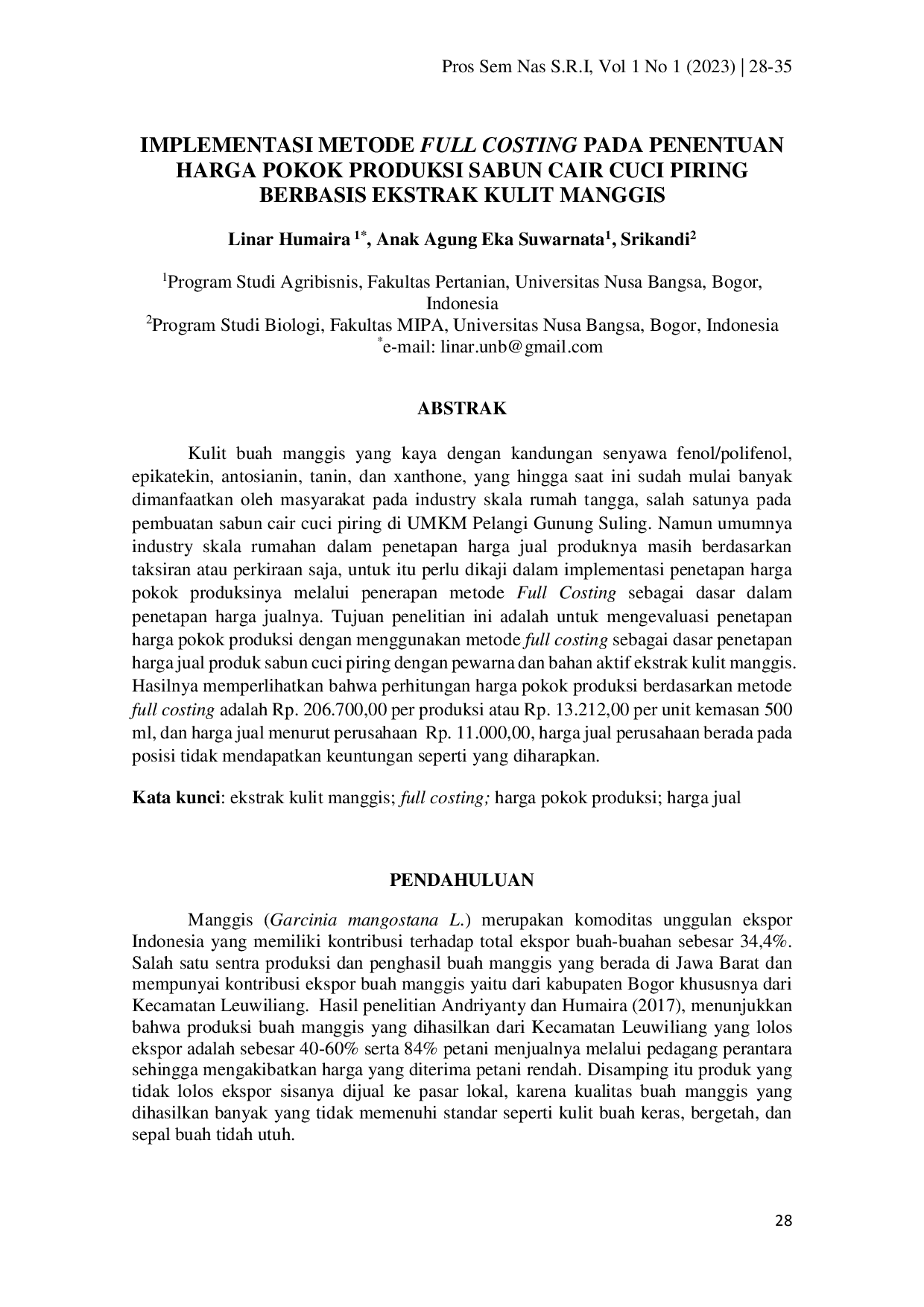 JURIS Implementasi Metode Full Costing Pada Penentuan Harga Pokok Produksi Sabun Cair Cuci Piring Berbasis Ekstrak Kulit Manggis