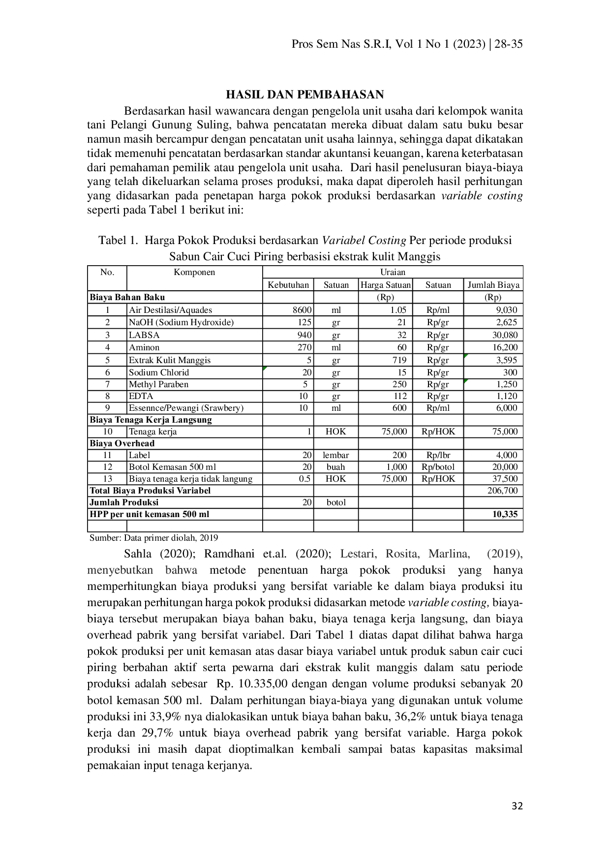 JURIS Implementasi Metode Full Costing Pada Penentuan Harga Pokok Produksi Sabun Cair Cuci Piring Berbasis Ekstrak Kulit Manggis