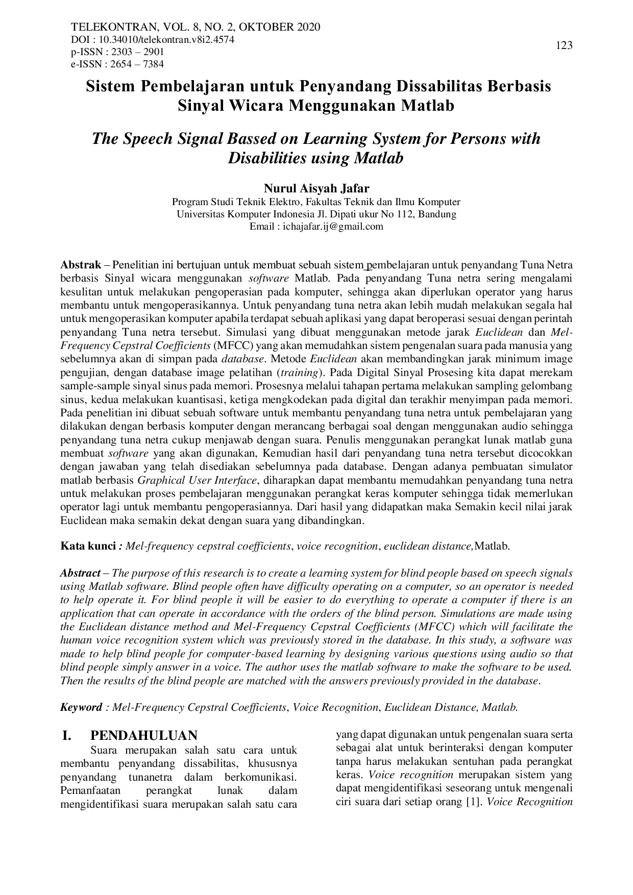 JURIS Sistem pembelajaran untuk penyandang dissabilitas berbasis sinyal wicara menggunakan Matlab