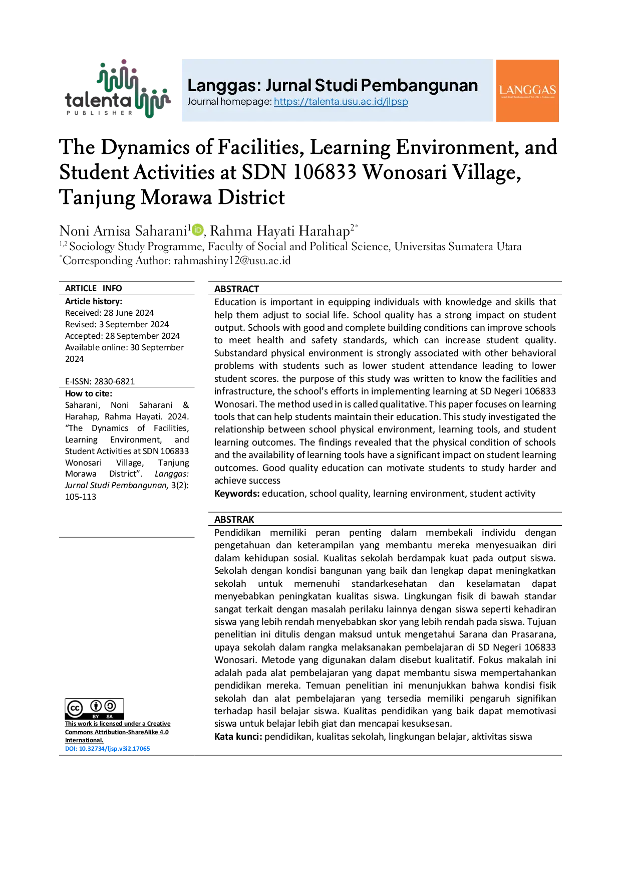 JURIS The Dynamics of Facilities Learning Environment and Student Activities at SDN 106833 Wonosari Village Tanjung Morawa District