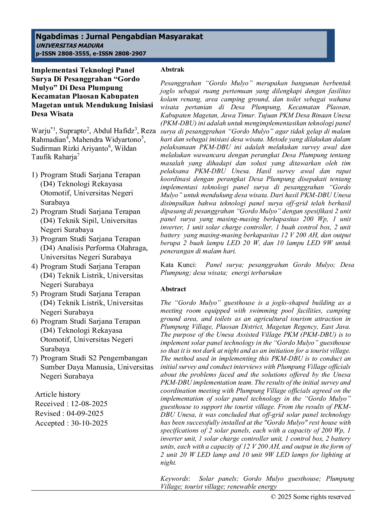 JURIS Implementasi Teknologi Panel Surya Di Pesanggrahan Gordo Mulyo Di Desa Plumpung Kecamatan Plaosan Kabupaten Magetan untuk Mendukung Inisiasi Desa Wisata