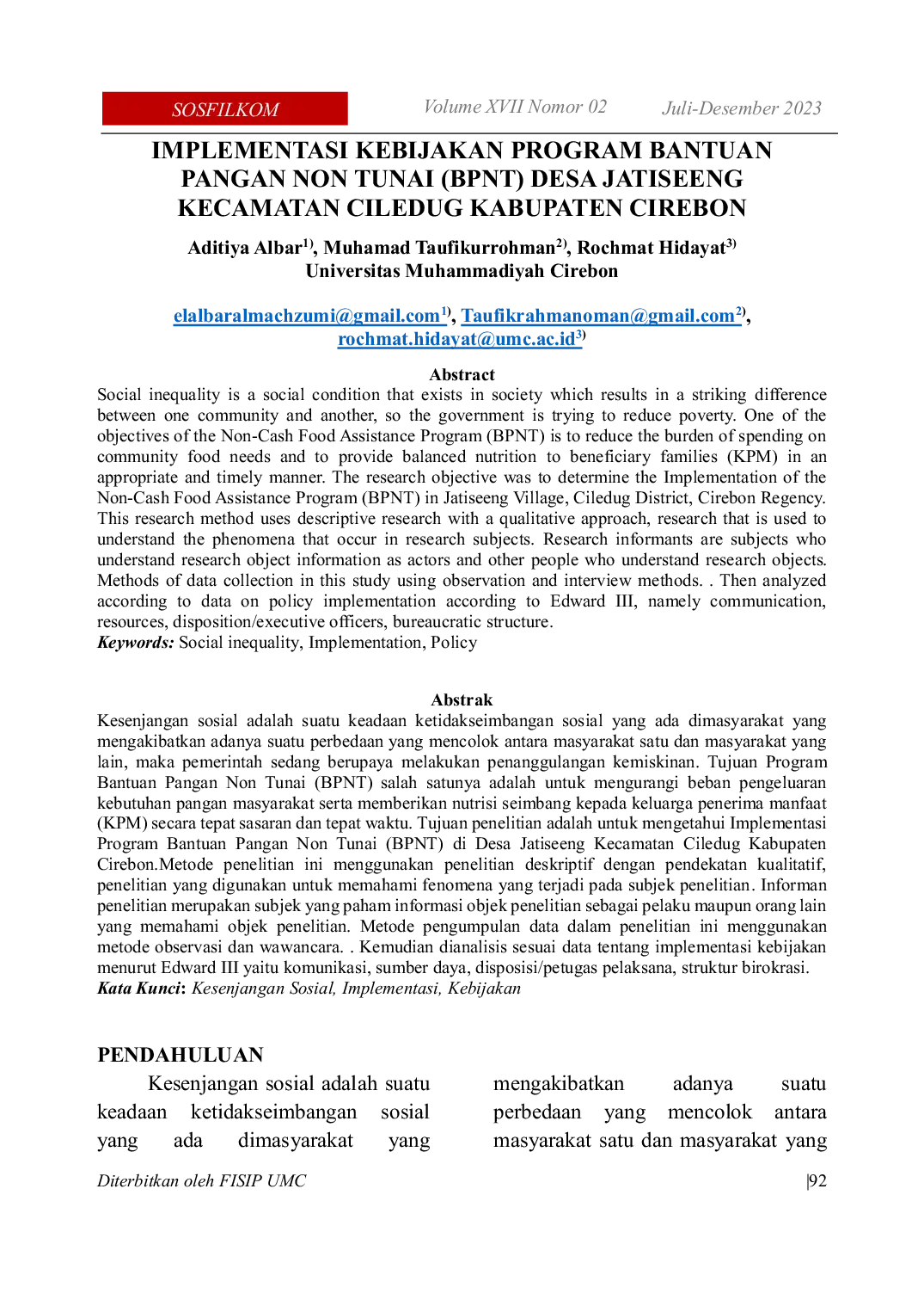 JURIS Implementation of the Non Cash Food Assistance Program BPNT in Jatiseeng Village Ciledug District Cirebon Regency