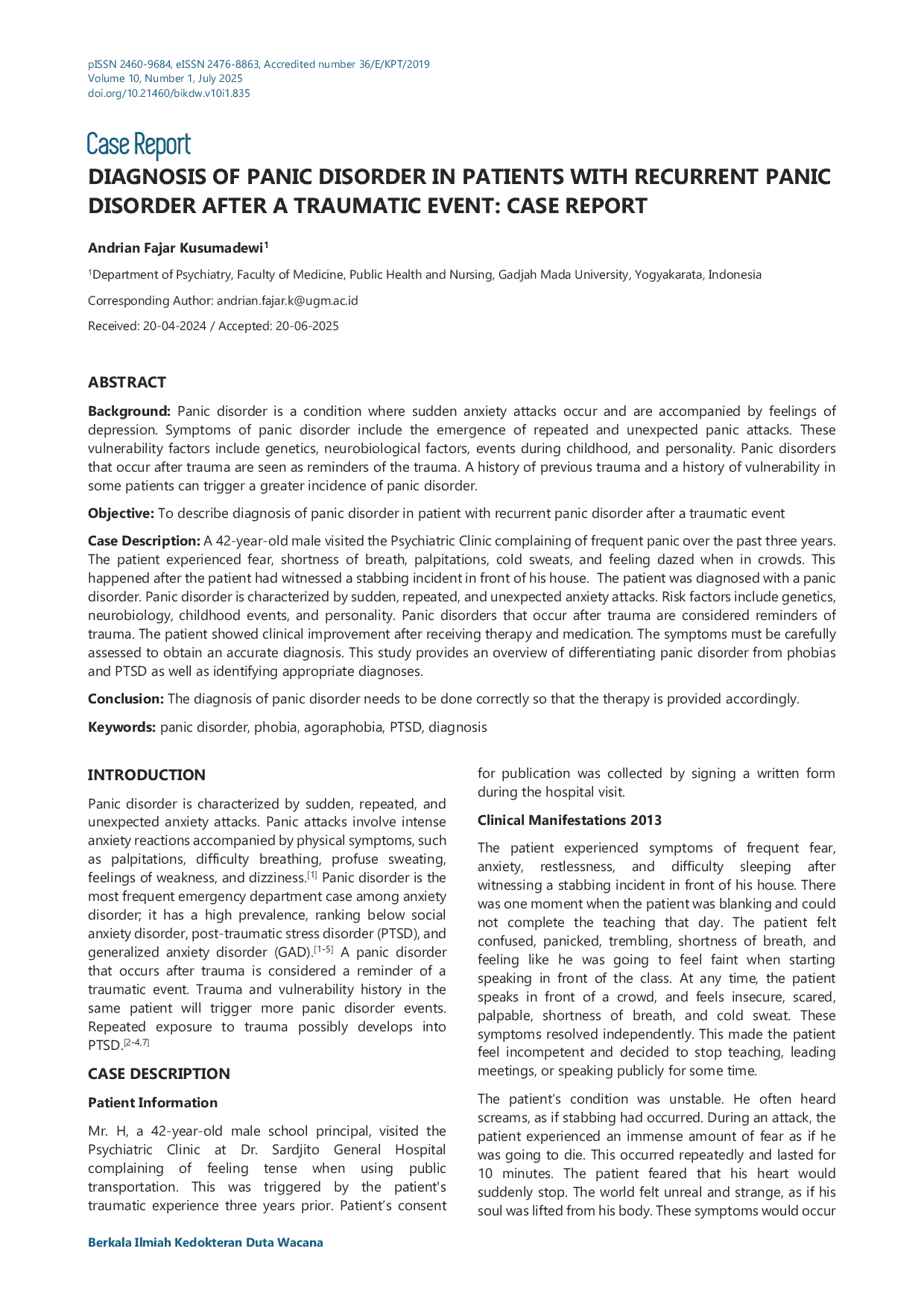 JURIS Diagnosis of Panic Disorder in Patients with Recurrent Panic Disorder After a Traumatic Event Case Report