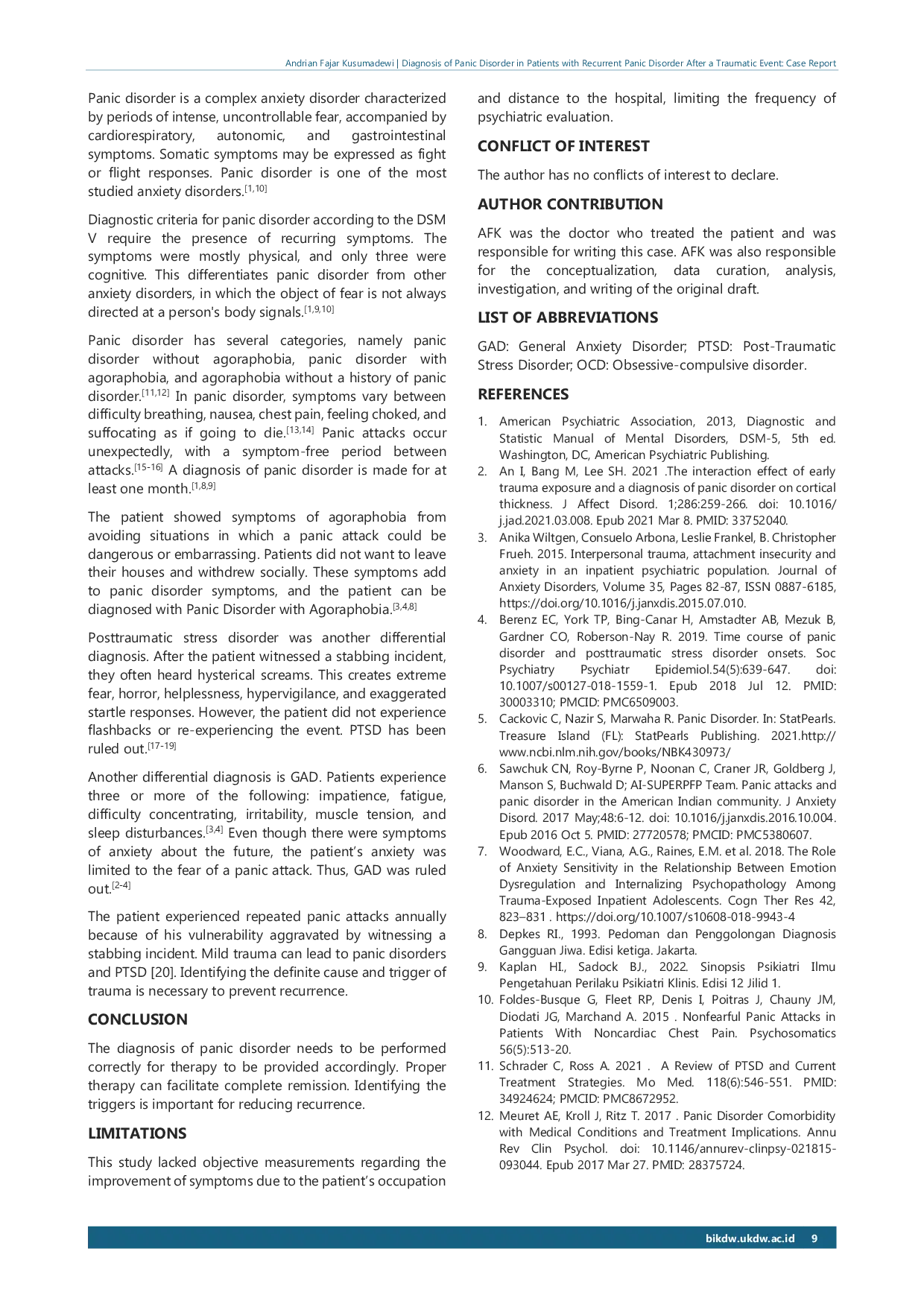 JURIS Diagnosis of Panic Disorder in Patients with Recurrent Panic Disorder After a Traumatic Event Case Report
