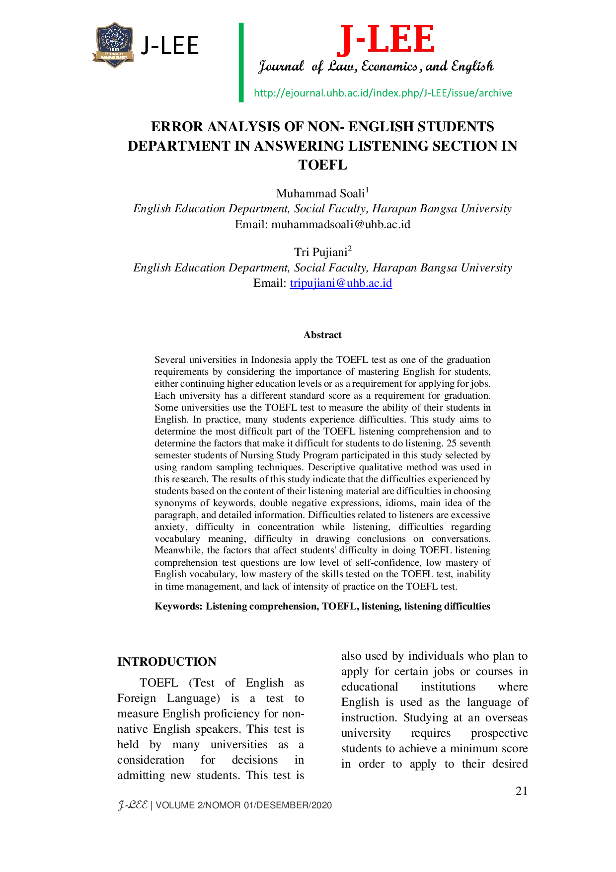 juris Error Analysis of Non English Students Department in Answering Listening Section in TOEFL