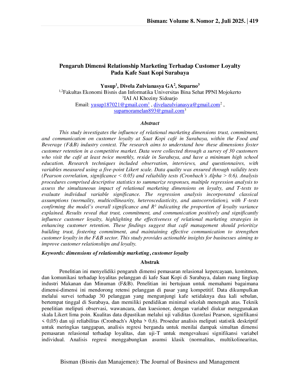 JURIS Pengaruh Dimensi Relationship Marketing Terhadap Customer Loyalty Pada Kafe Saat Kopi Surabaya