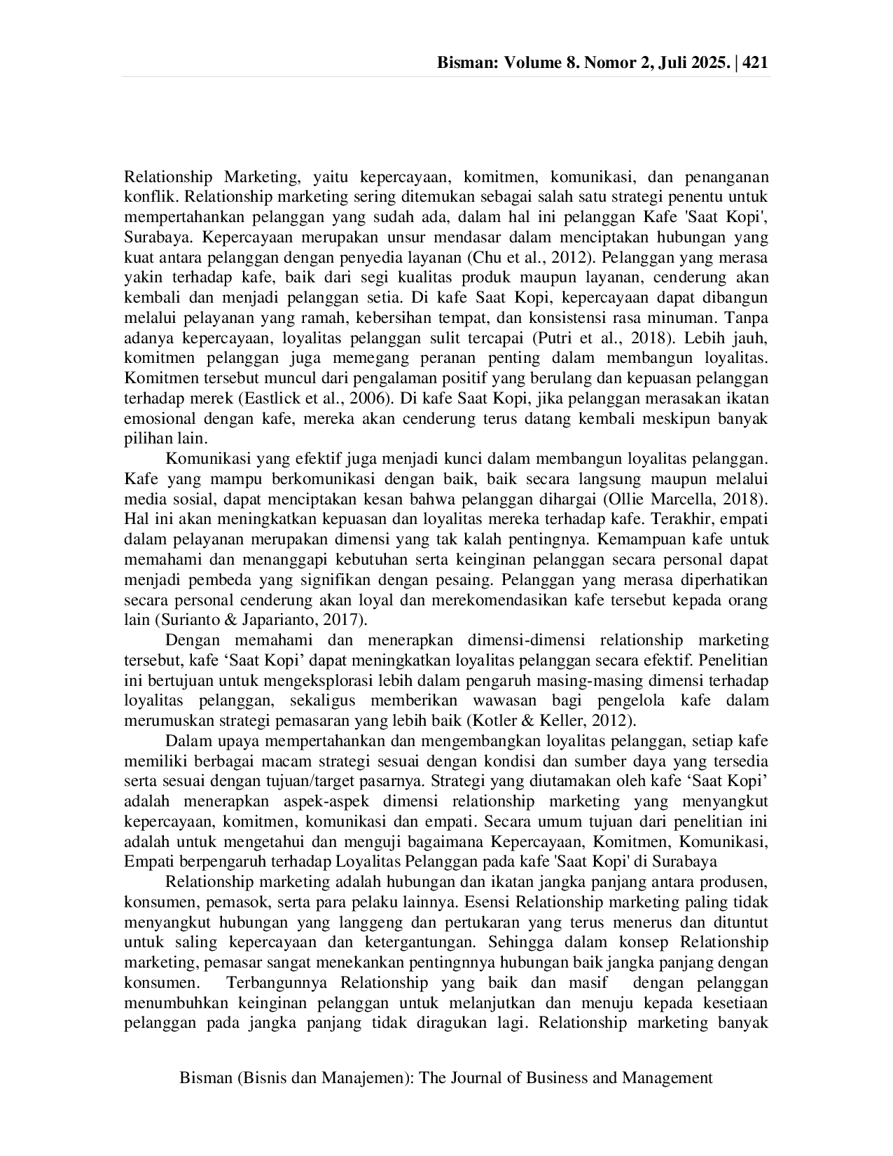 JURIS Pengaruh Dimensi Relationship Marketing Terhadap Customer Loyalty Pada Kafe Saat Kopi Surabaya