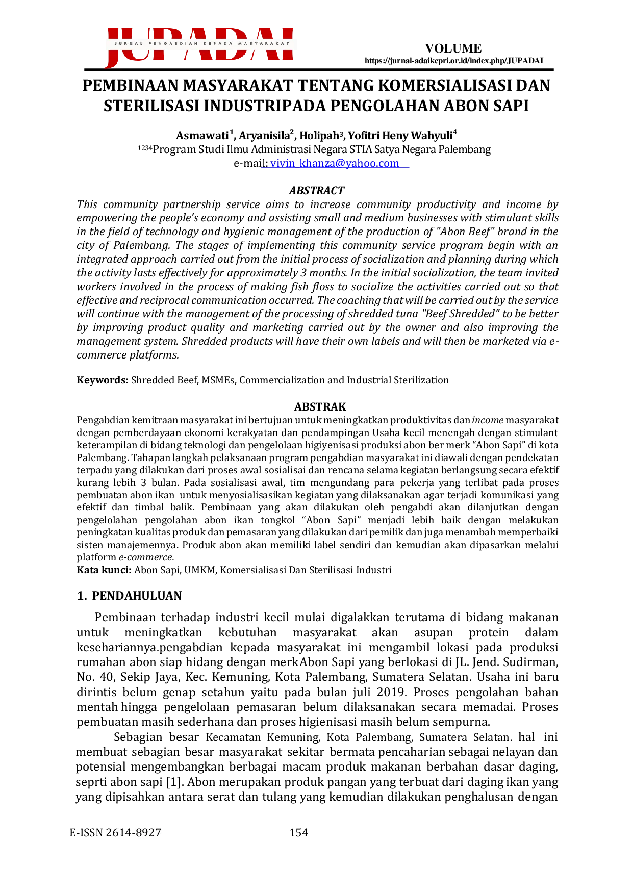 JURIS Pembinaan Masyarakat Tentang Komersialisasi dan Sterilisasi Industri pada Pengolahan Abon Sapi