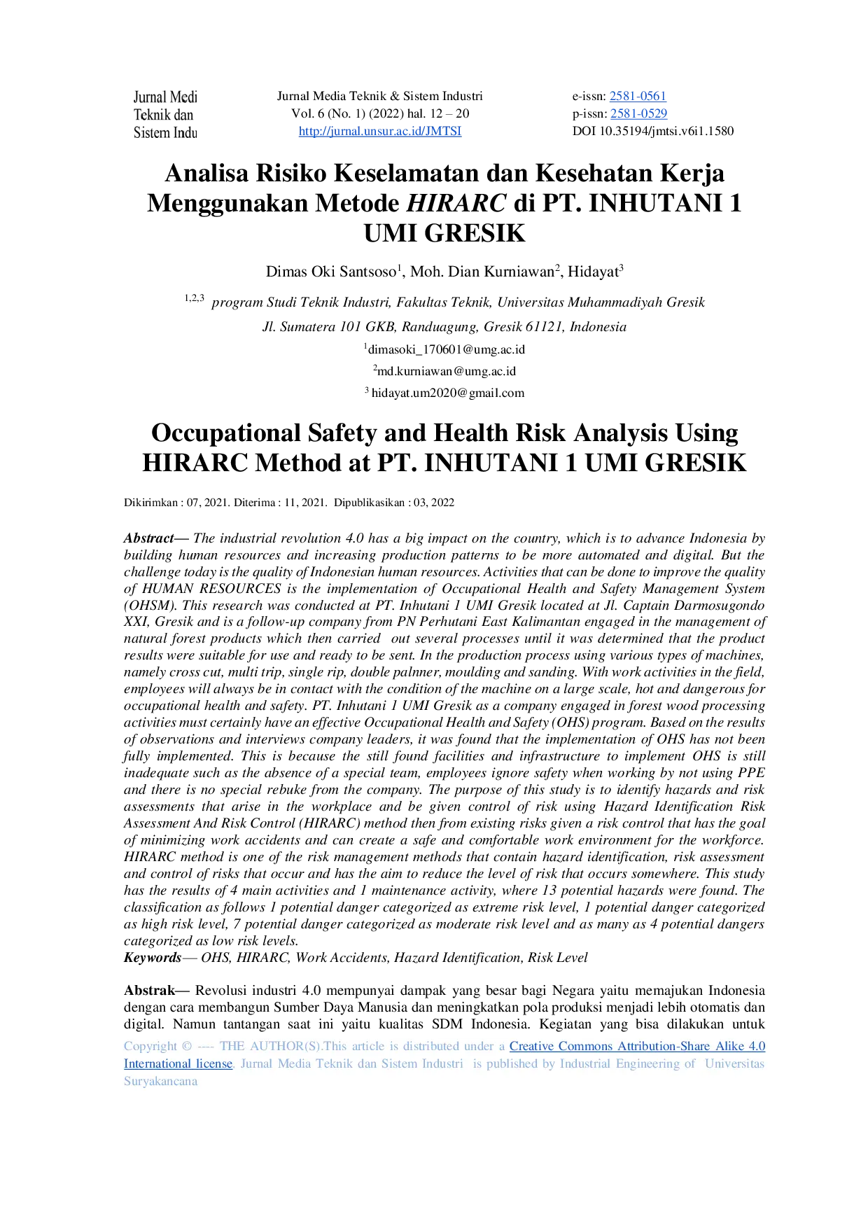 JURIS Analisa Risiko Keselamatan dan Kesehatan Kerja Menggunakan Metode HIRARC di PT INHUTANI 1 UMI GRESIKHUTANI 1 UMI GRESIK