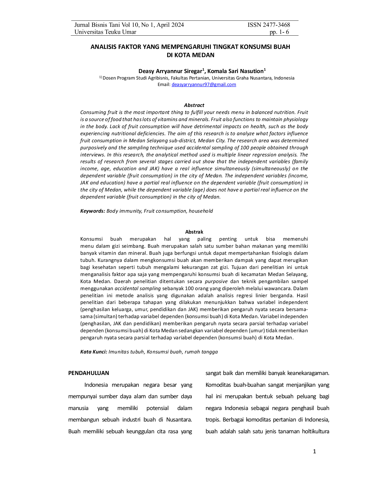 JURIS Analisis Faktor Yang Mempengaruhi Tingkat Konsumsi Buah Di Kota Medan