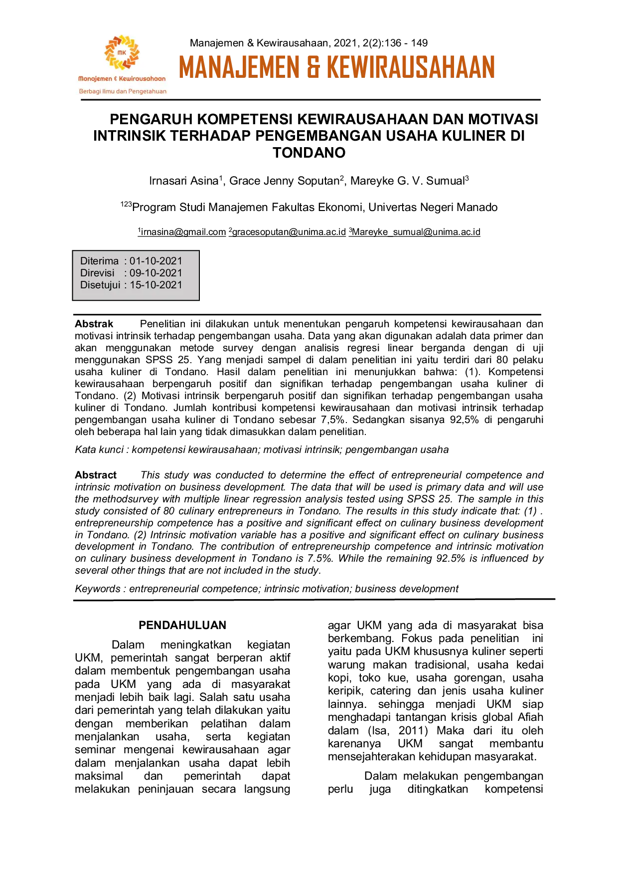 JURIS Pengaruh Kompetensi Kewirausahaan dan Motivasi Intrinsik Terhadap Pengembangan Usaha Kuliner di Tondano