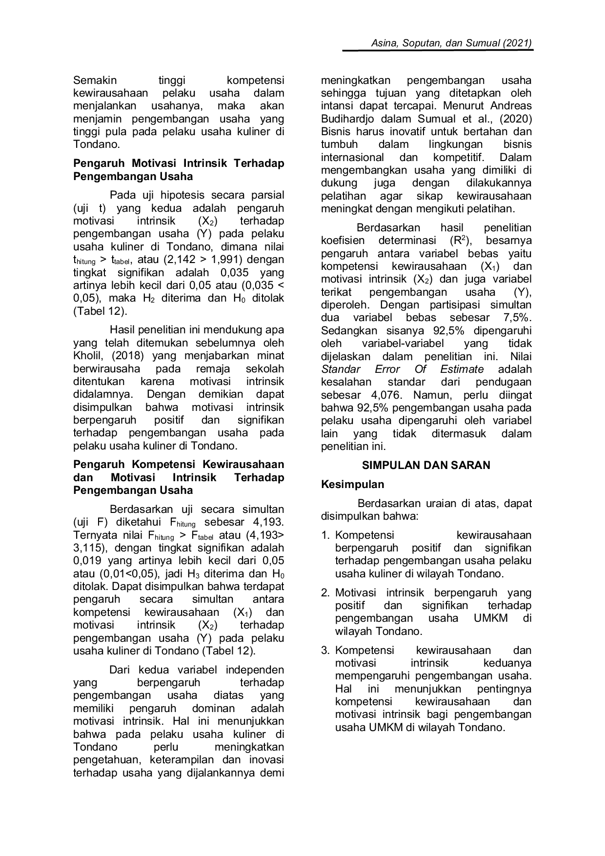 JURIS Pengaruh Kompetensi Kewirausahaan dan Motivasi Intrinsik Terhadap Pengembangan Usaha Kuliner di Tondano