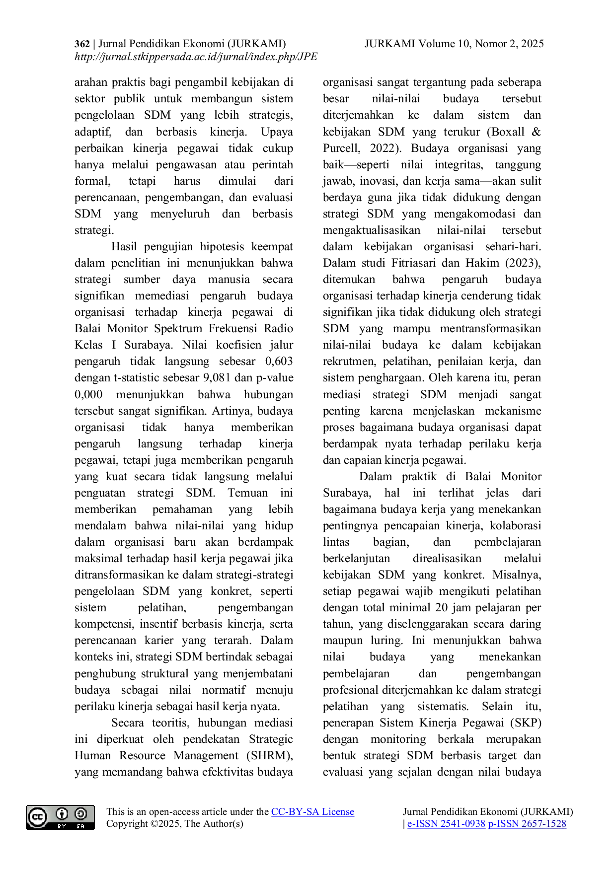 JURIS Strategi SDM Sebagai Mediasi Pengaruh Budaya Organisasi Terhadap Kinerja Pegawai