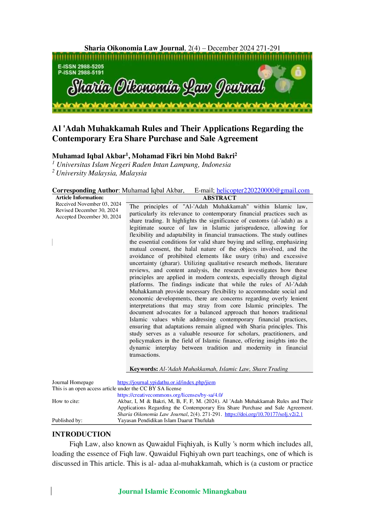 JURIS Al Adah Muhakkamah Rules and Their Applications Regarding the Contemporary Era Share Purchase and Sale Agreement