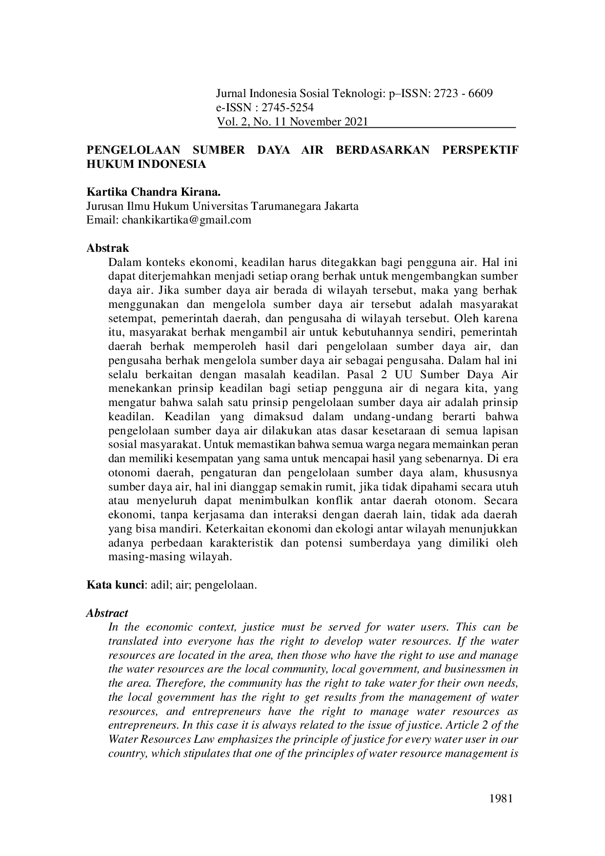 JURIS Pengelolaan Sumber Daya Air Berdasarkan Perspektif Hukum Indonesia