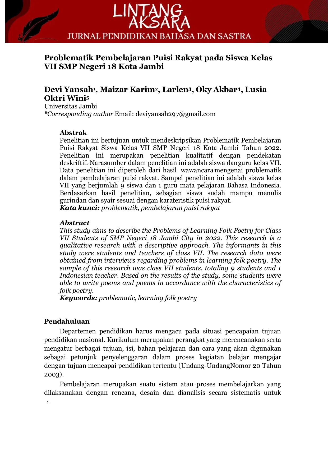 JURIS Problematik Pembelajaran Puisi Rakyat pada Siswa Kelas VII SMP Negeri 18 Kota Jambi