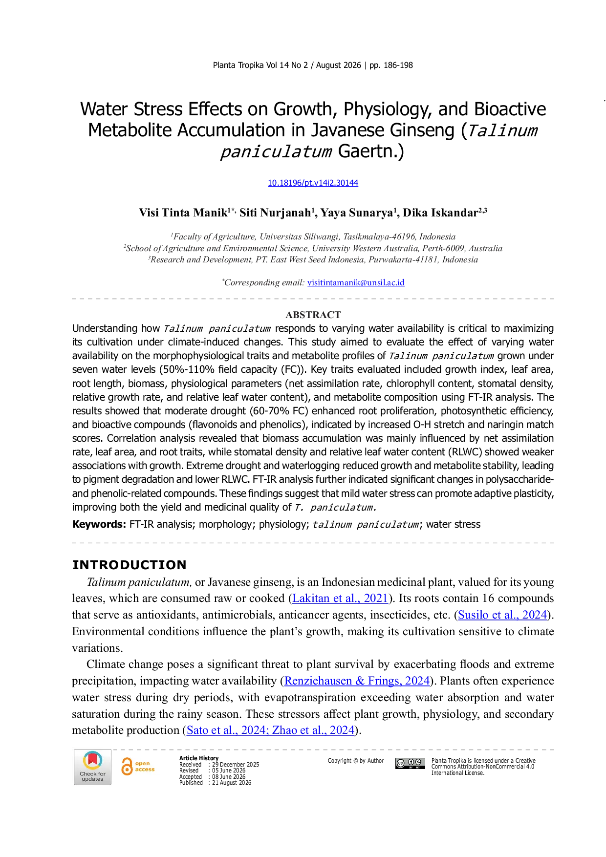 JURIS Water Stress Effects on Growth Physiology and Bioactive Metabolite Accumulation in Javanese Ginseng Talinum paniculatum Gaertn