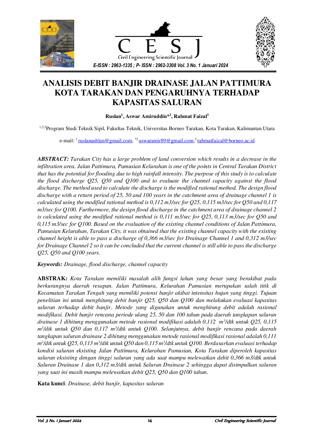 JURIS Analisis Debit Banjir Drainase Jalan Pattimura Kota Tarakan dan Pengaruhnya Terhadap Kapasitas Saluran