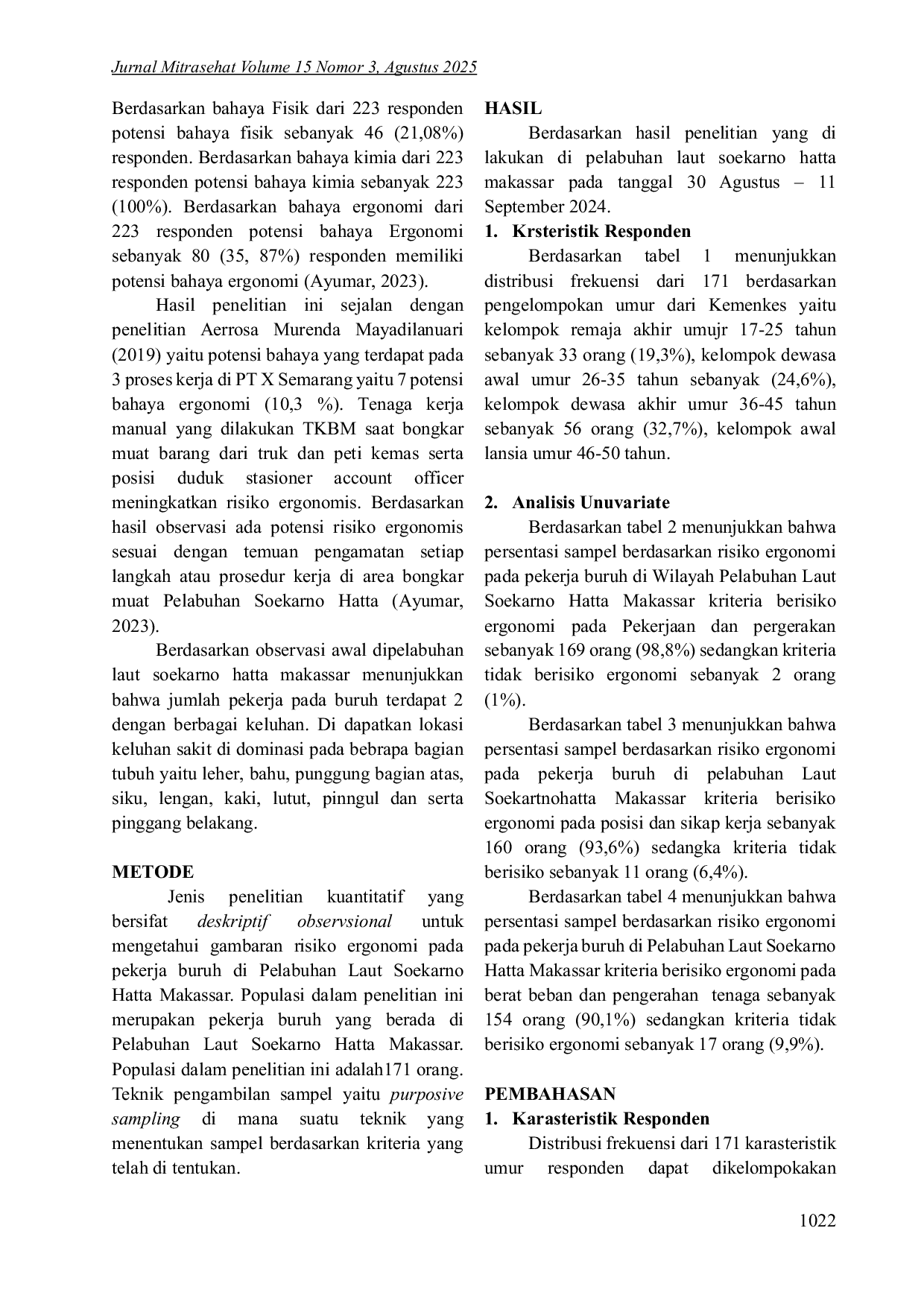 JURIS Gambaran Risiko Ergonomi Pada Pekerja Buruh Di Pelabuhan Laut Soekarno Hatta Makassar